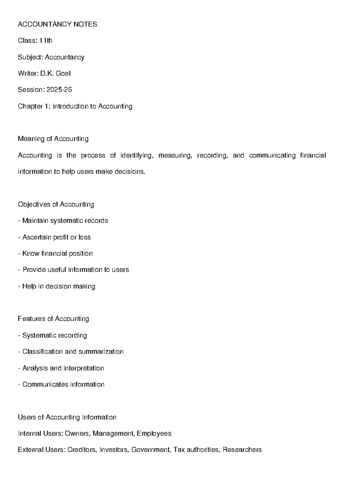 Accountancy Class 11 Chapter 1: Introduction to Accounting Notes - Studocu