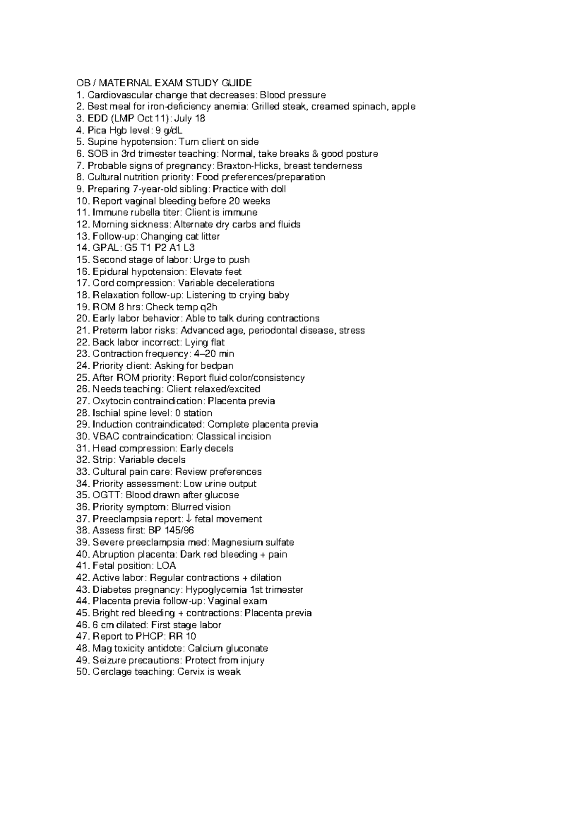 OB Maternal Exam Study Guide: Key Concepts & Priorities - Studocu