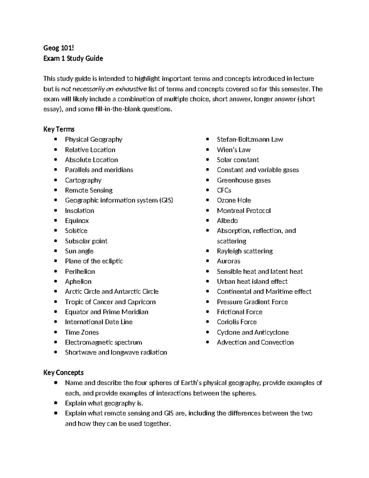 Geog 101: Exam 1 Study Guide on Physical Geography Concepts - Studocu