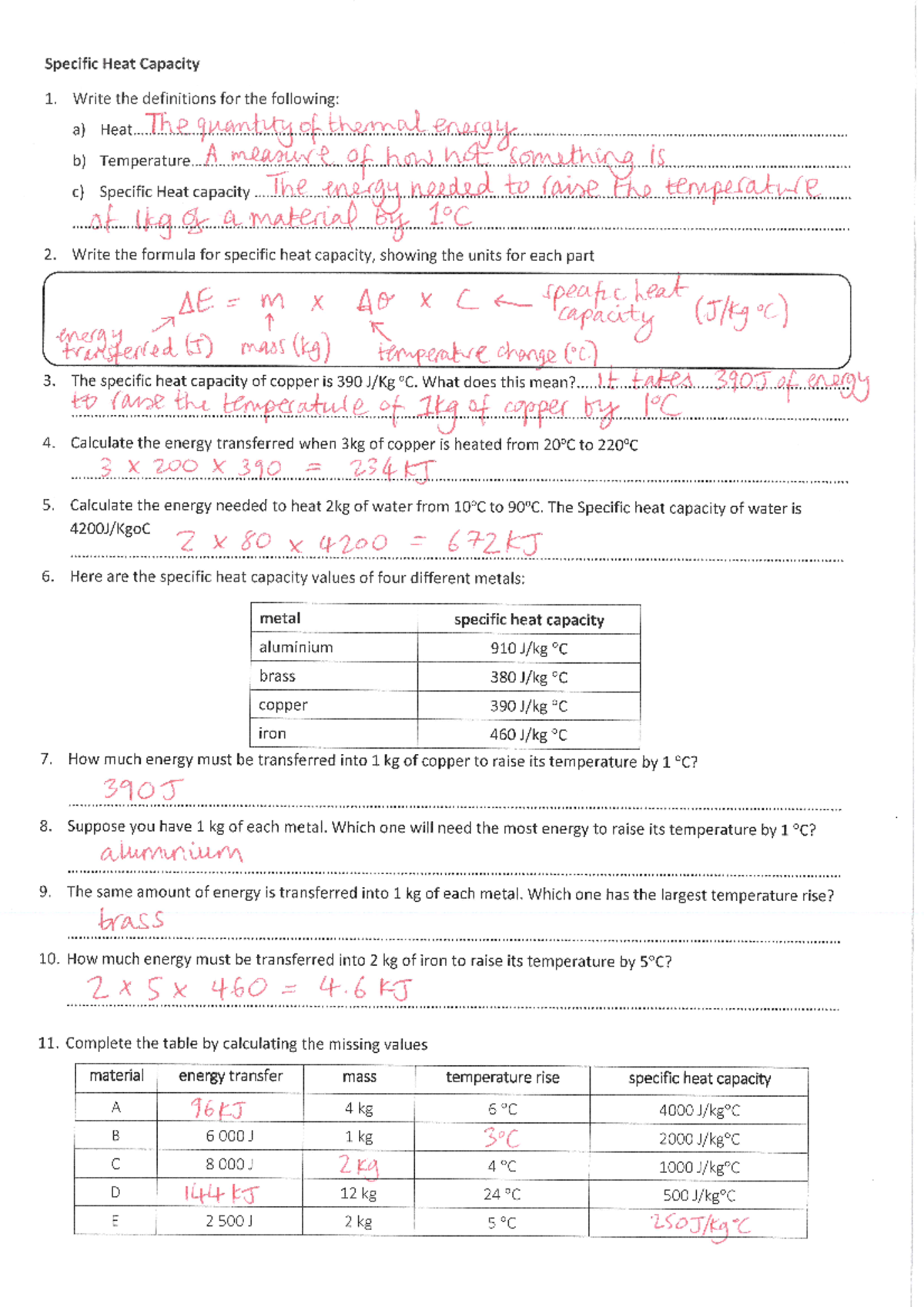 Specific Heat Capacity Fundamentals GLY Answers and Calculations - Studocu