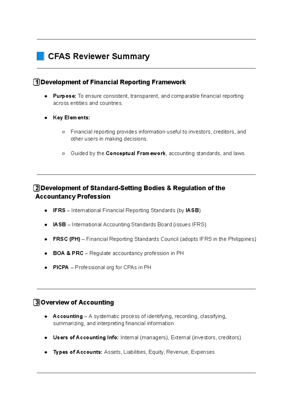 CFAS Summary: Financial Reporting Framework and Accounting Principles ...