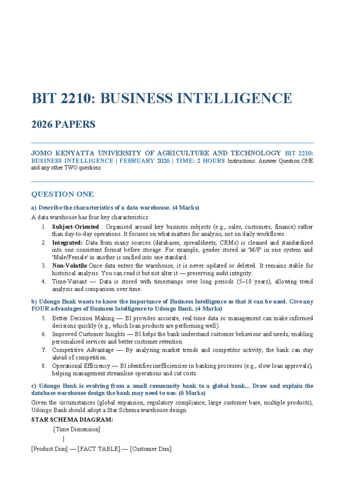 BIT 2210: BUSINESS INTELLIGENCE PAST EXAM PAPERS 2022-2026 - Studocu