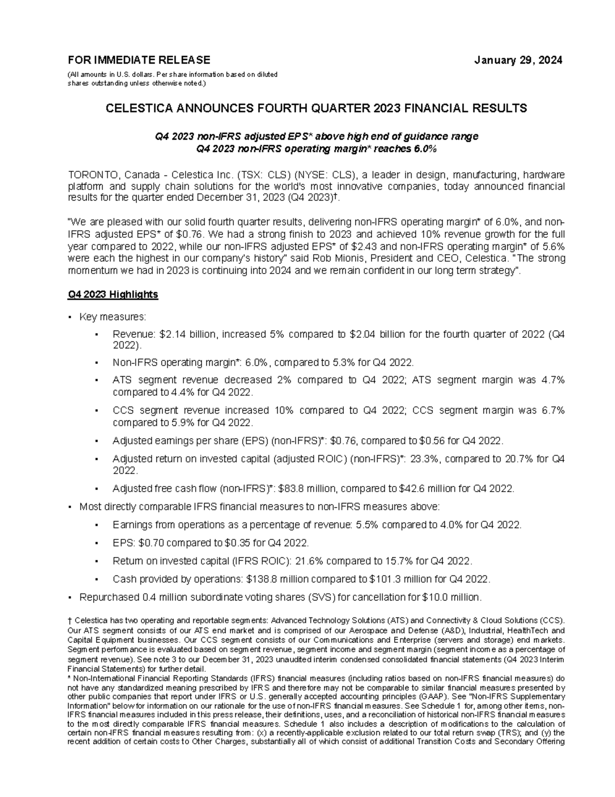 Q4 2023 Financial Results Press Release - Celestica Inc. - Studocu