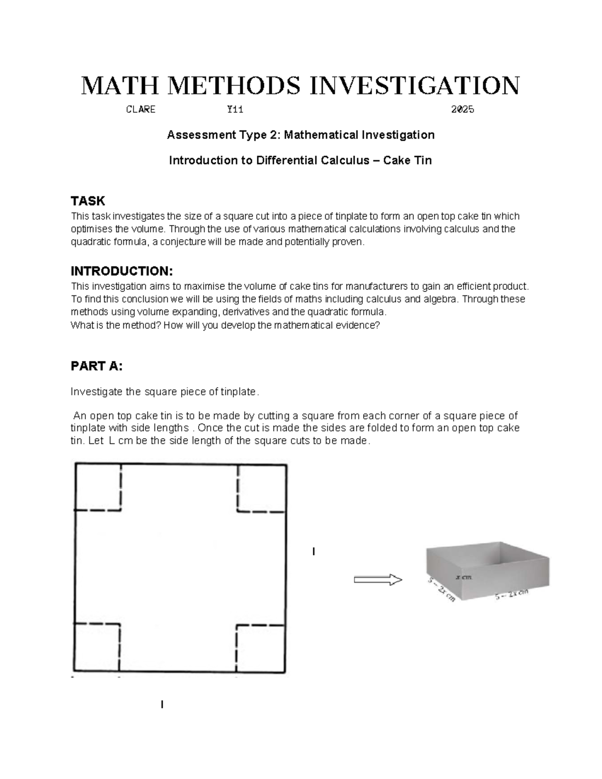 MATH METHODS Y11 2025 Assessment 2: Optimizing Cake Tin Volume - Studocu