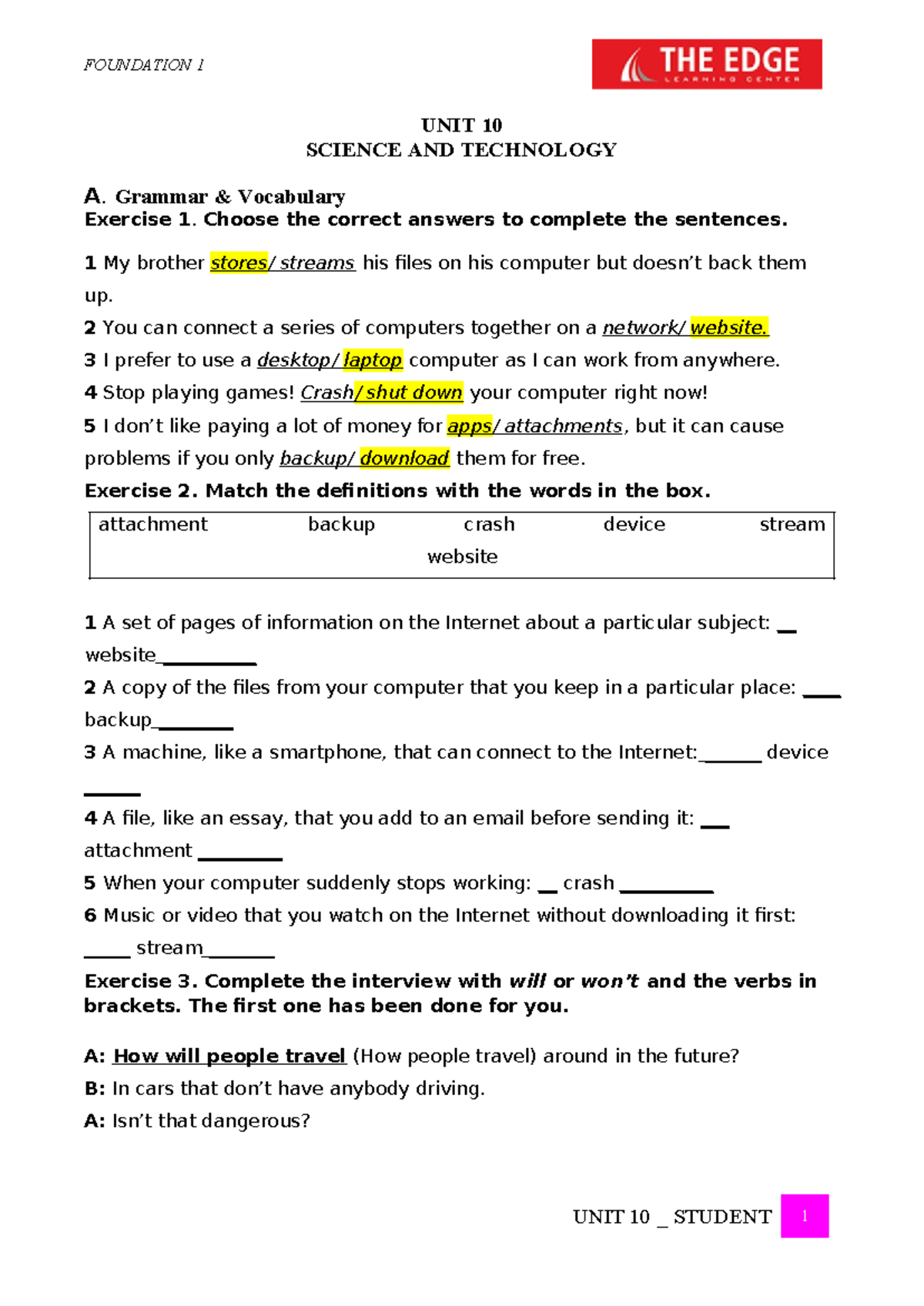 UNIT 10 Revision - Science and Technology Practice Exercises - Studocu