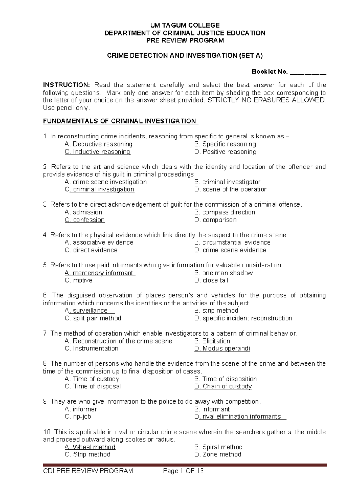 CDI PRE REVIEW PROGRAM: Crime Detection & Investigation (Set A) - Studocu