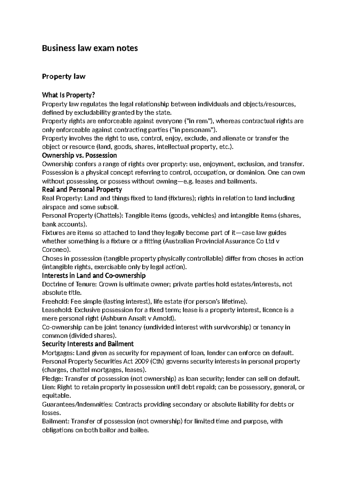 Business Law Exam Notes: Property Law Overview and Key Concepts - Studocu