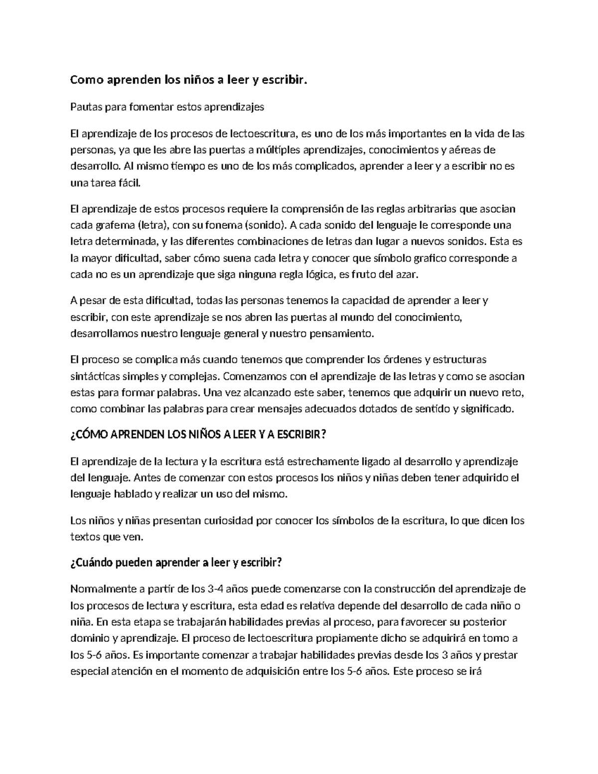 Pautas para Fomentar la Lectura y Escritura en Niños (Educación ...