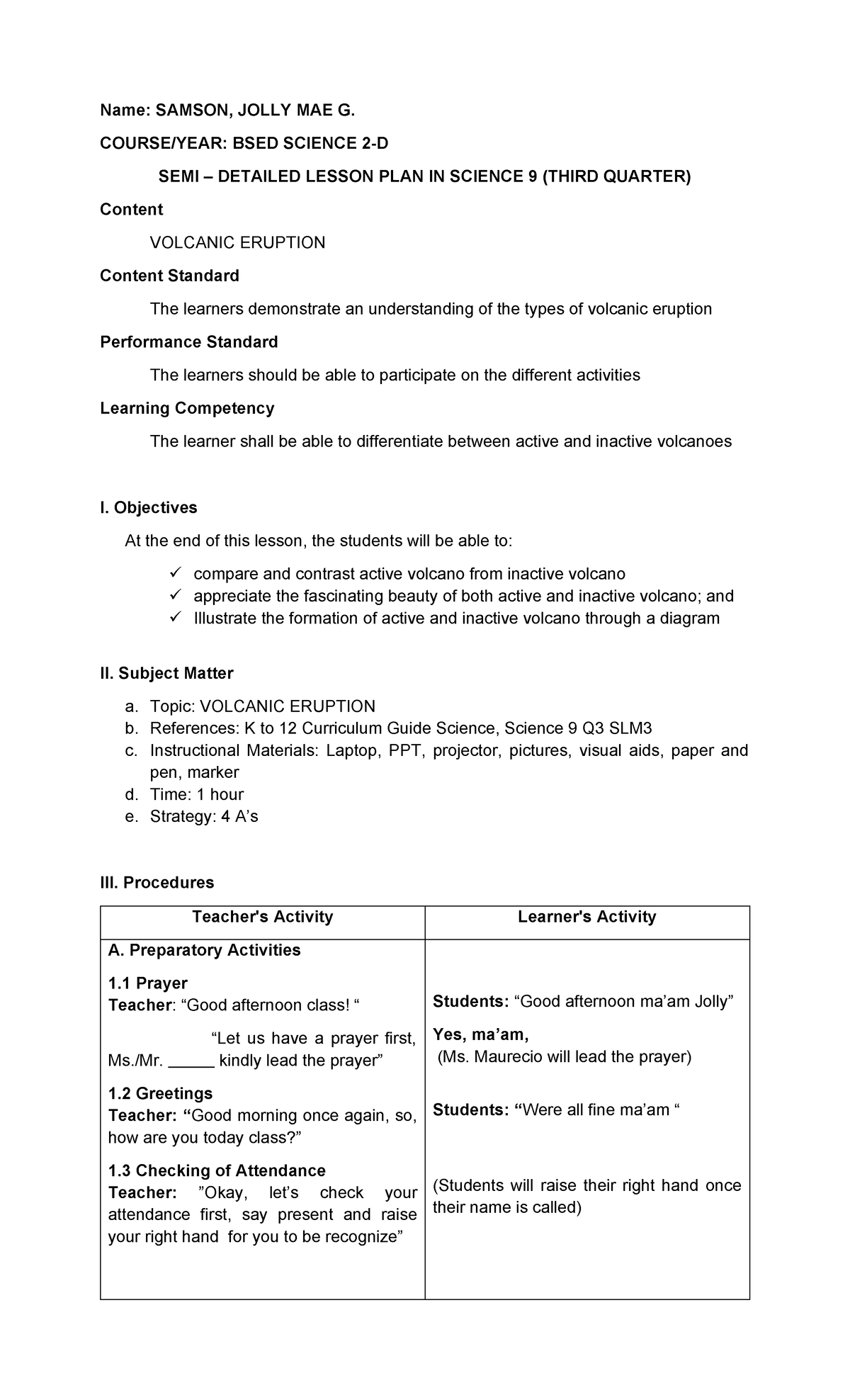 BSED SCIENCE 2-D: Detailed Lesson Plan on Volcanic Eruptions - Studocu