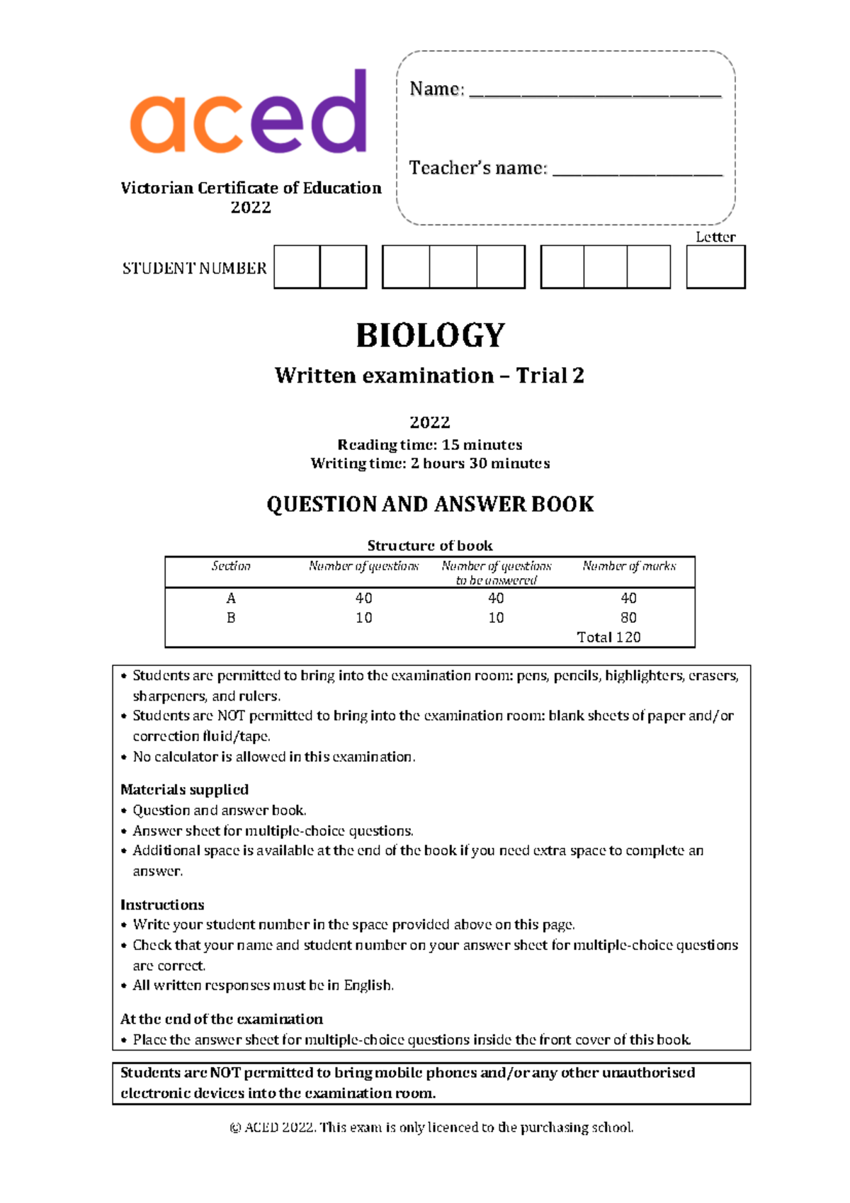 2022-aced-2 - ACED - Biology Practice Exam - Victorian Certificate of ...