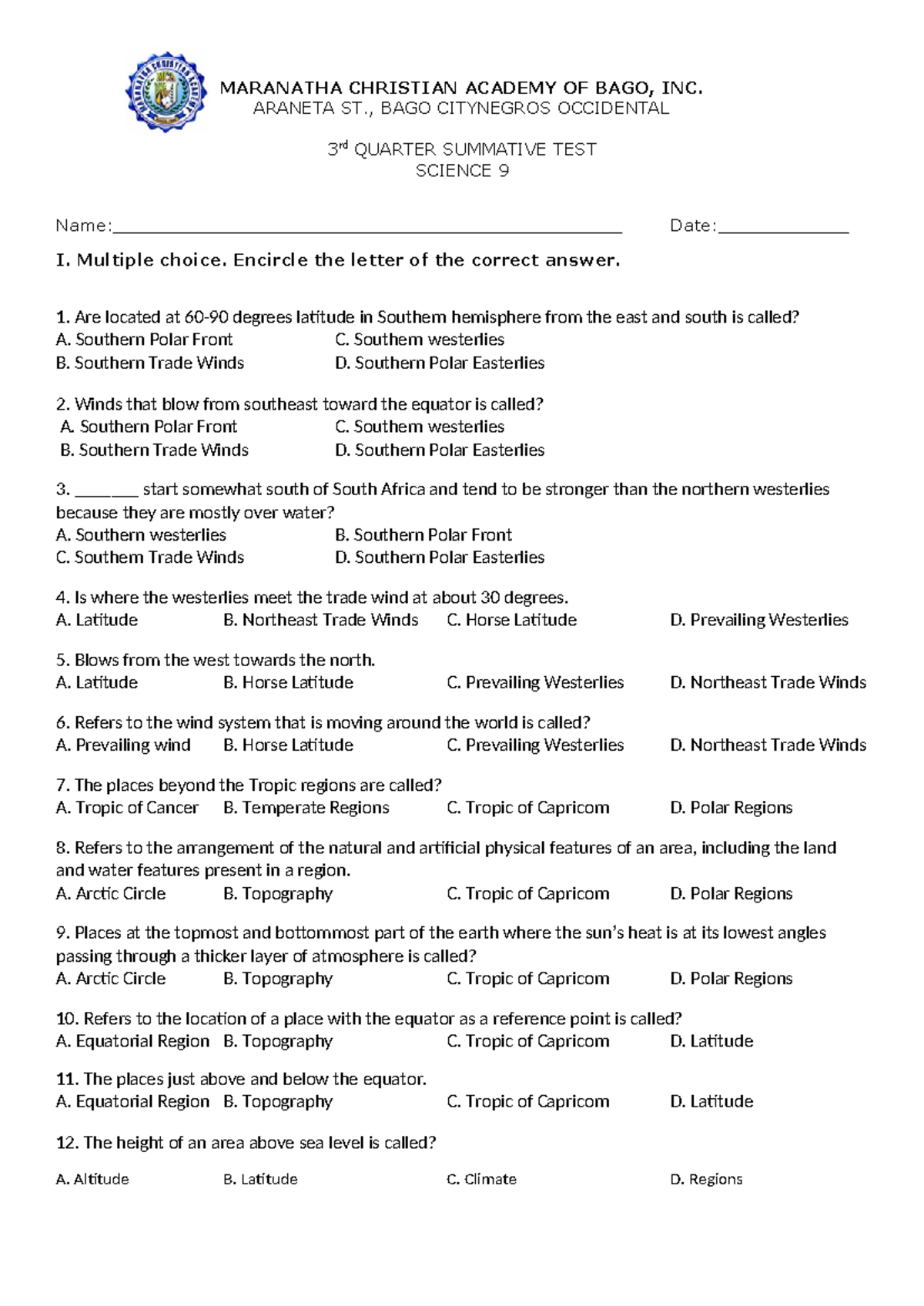 Science 9 3rd Quarter Exam - Summative Test Questions - Studocu