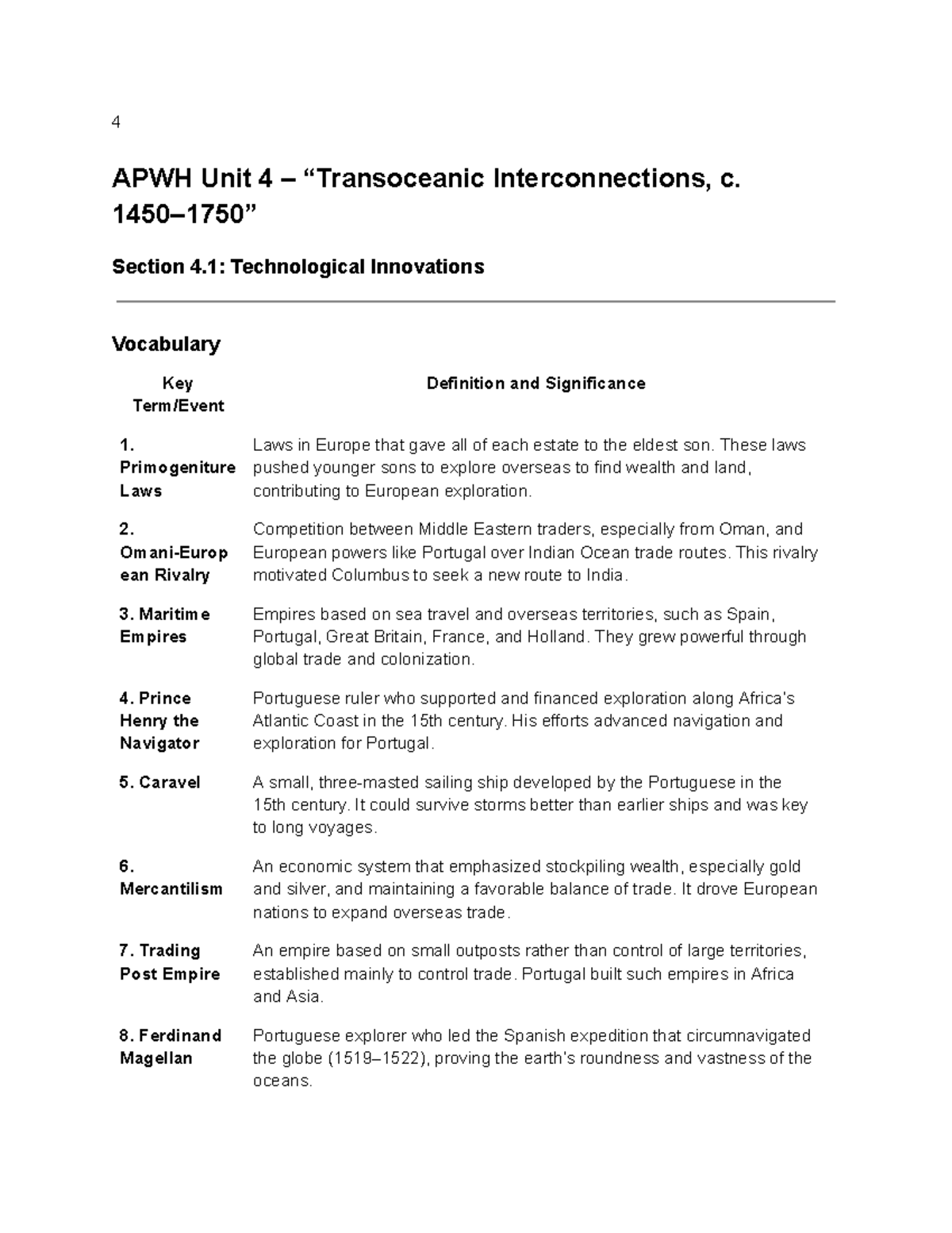 4 APWH Unit 4 Interconnections: Key Terms and Concepts on Exploration ...
