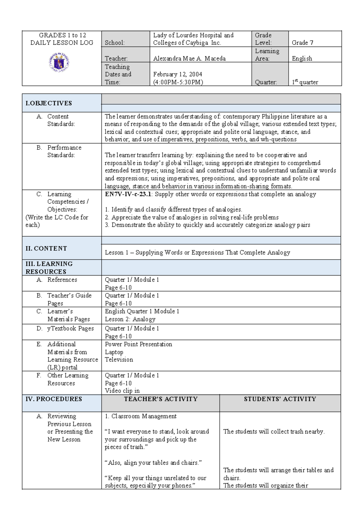 Grade 7 English Daily Lesson Log: Understanding Analogies - Studocu
