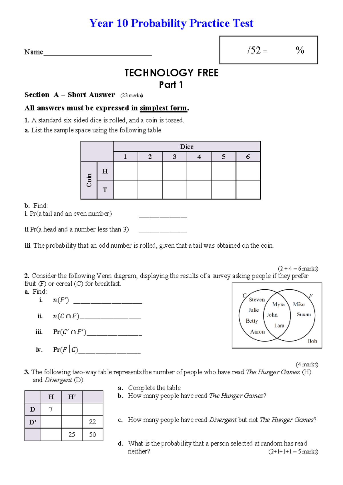 Year 10 Probability Practice Test - Technology Free Section A & C - Studocu