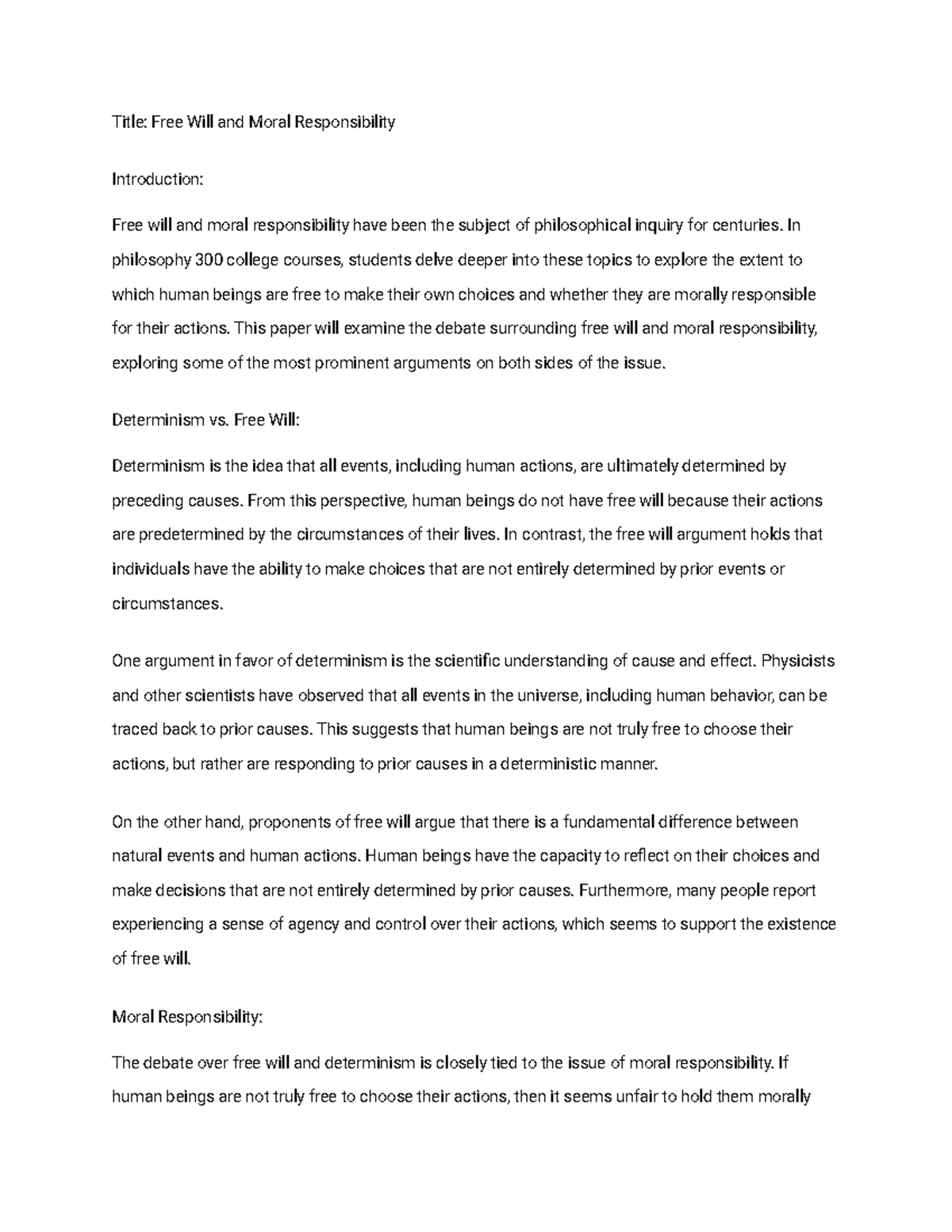 Free Will and Moral Responsibility - Title: Free Will and Moral ...