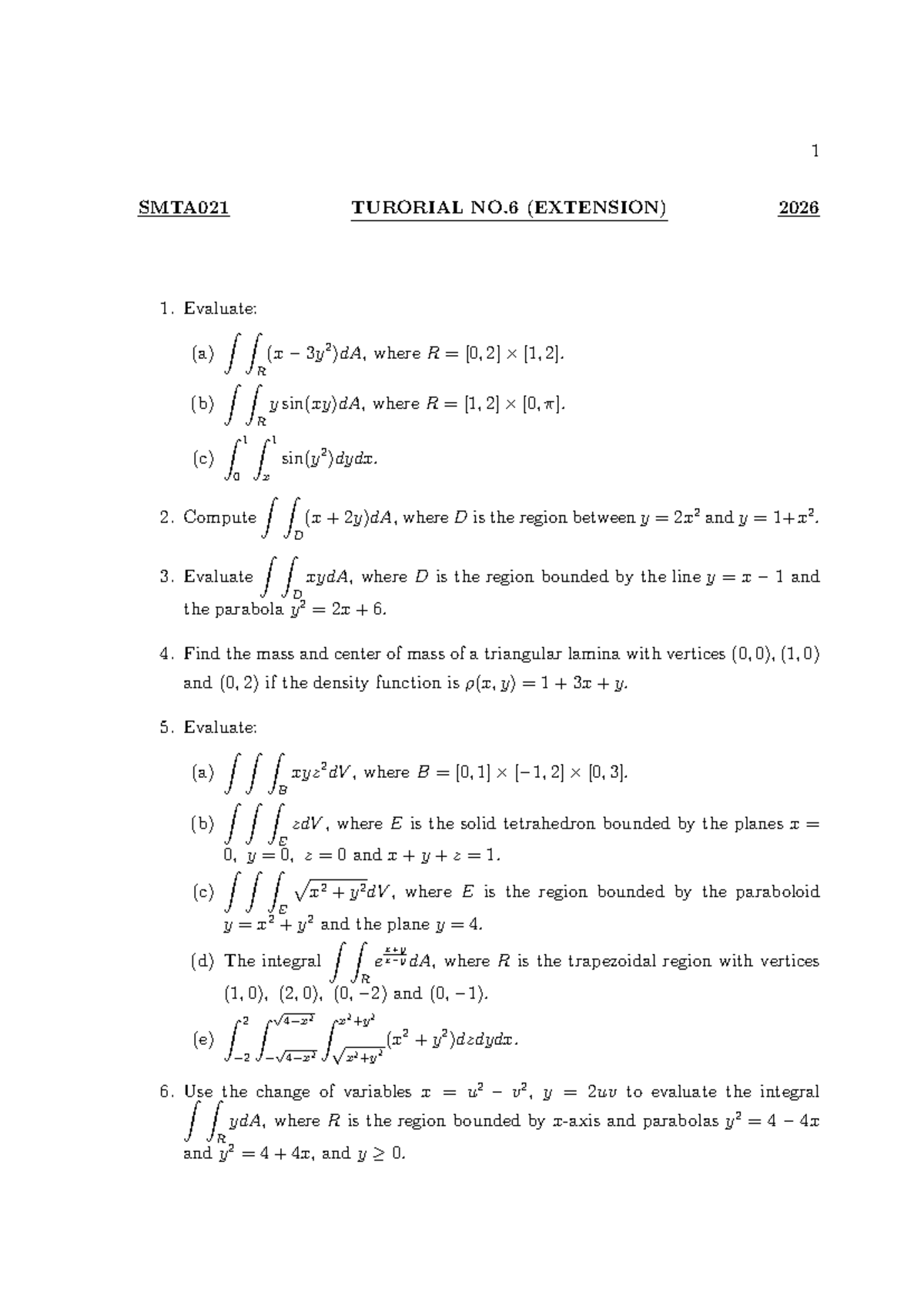 SMTA021 TUTORIAL NO. 6 (EXTENSION) - Integral Evaluations and Mass ...