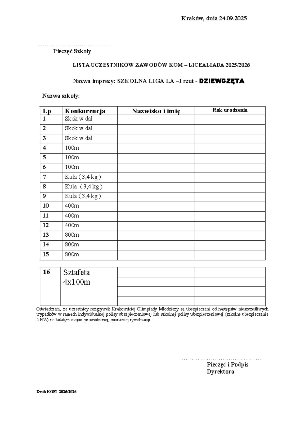 Lista Startowa Zawodów LA Licealiada Dziewczęta - 2025 - Studocu