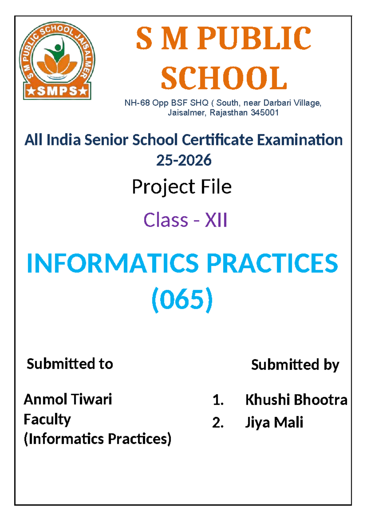 Final Project File: Class XII Informatics Practices (065) - Studocu