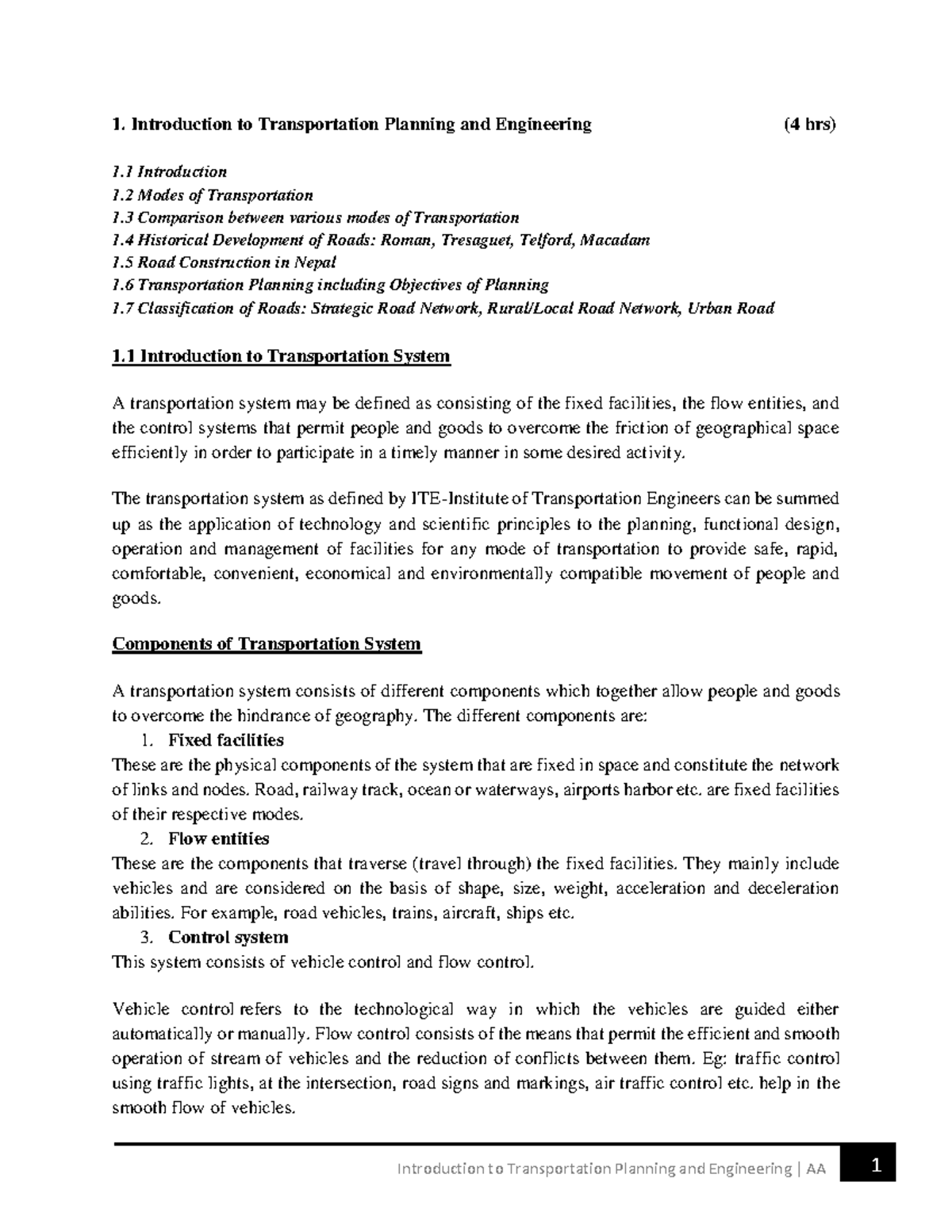 Transportation Engineering I - Comprehensive Lecture Notes - Studocu