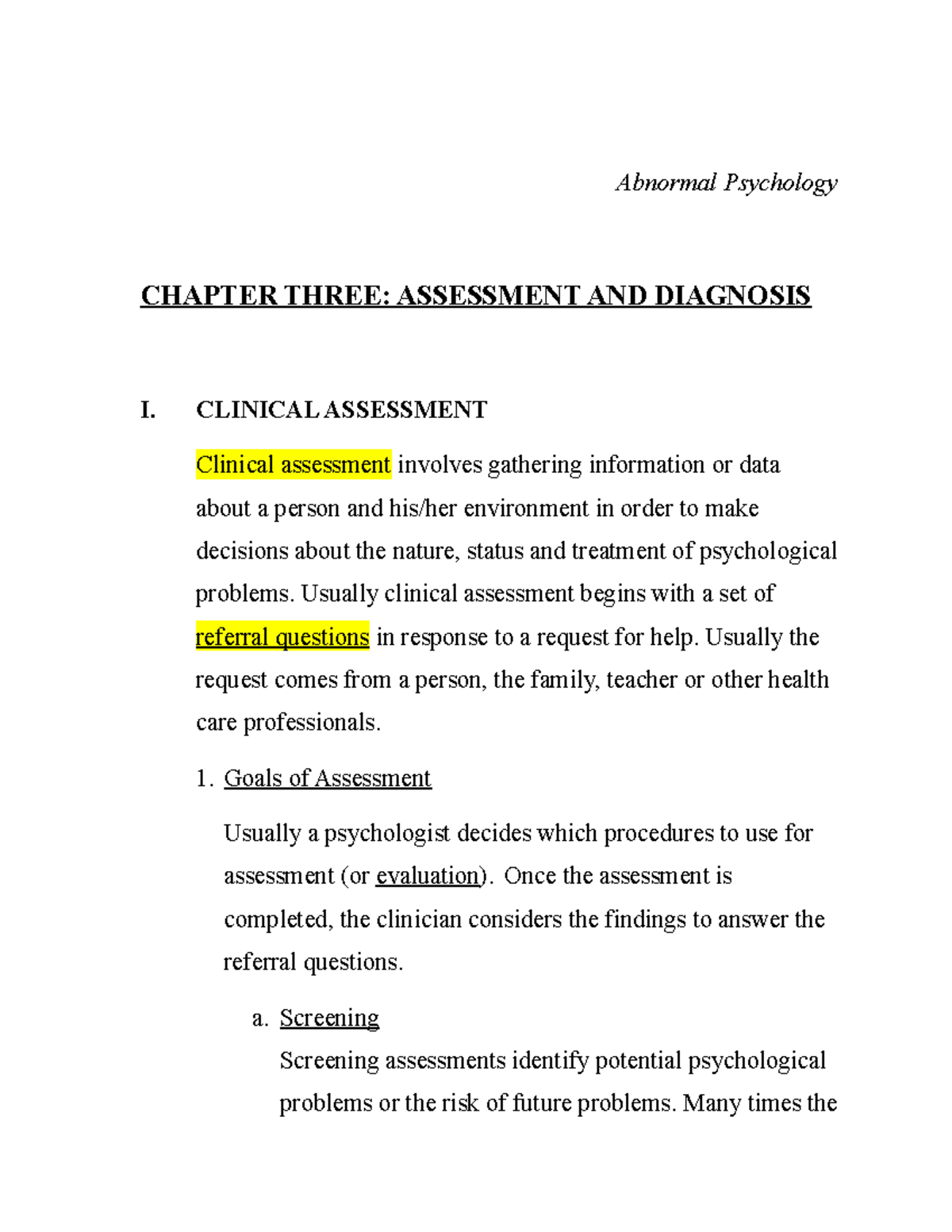 Chapter 3 Notes - Abnormal Psychology CHAPTER THREE: ASSESSMENT AND ...