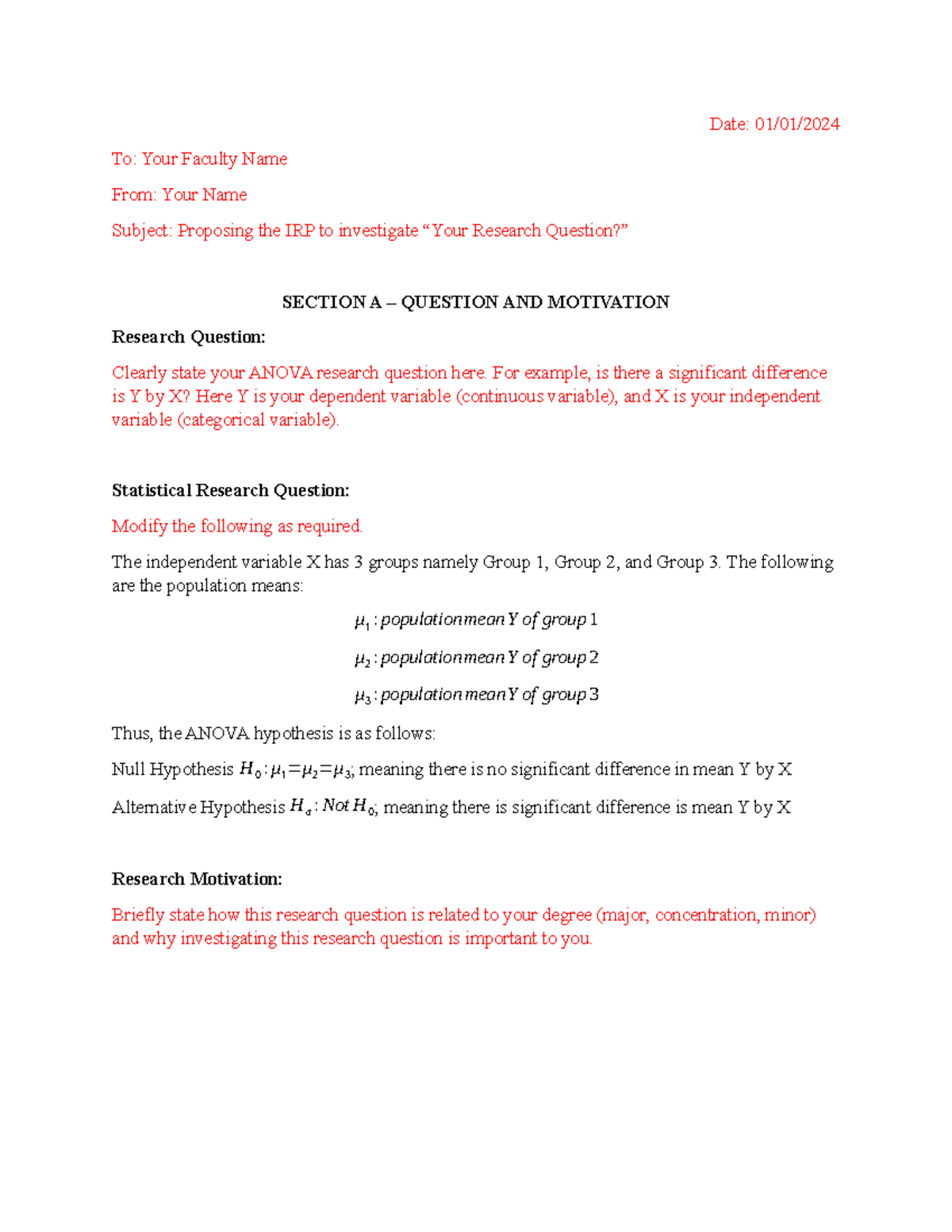 ANOVA IRP Proposal Template for Research Question Exploration - Studocu