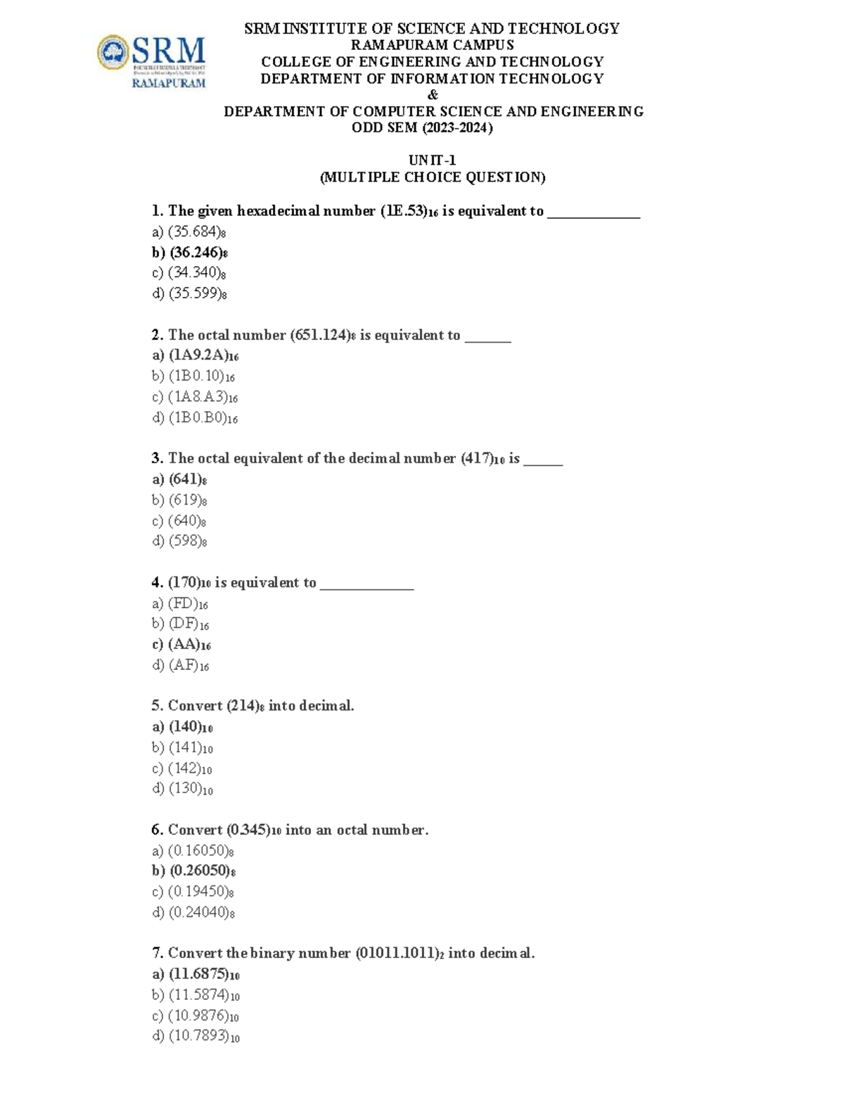COA Question Bank: Multiple Choice & Conversion Exercises - Studocu