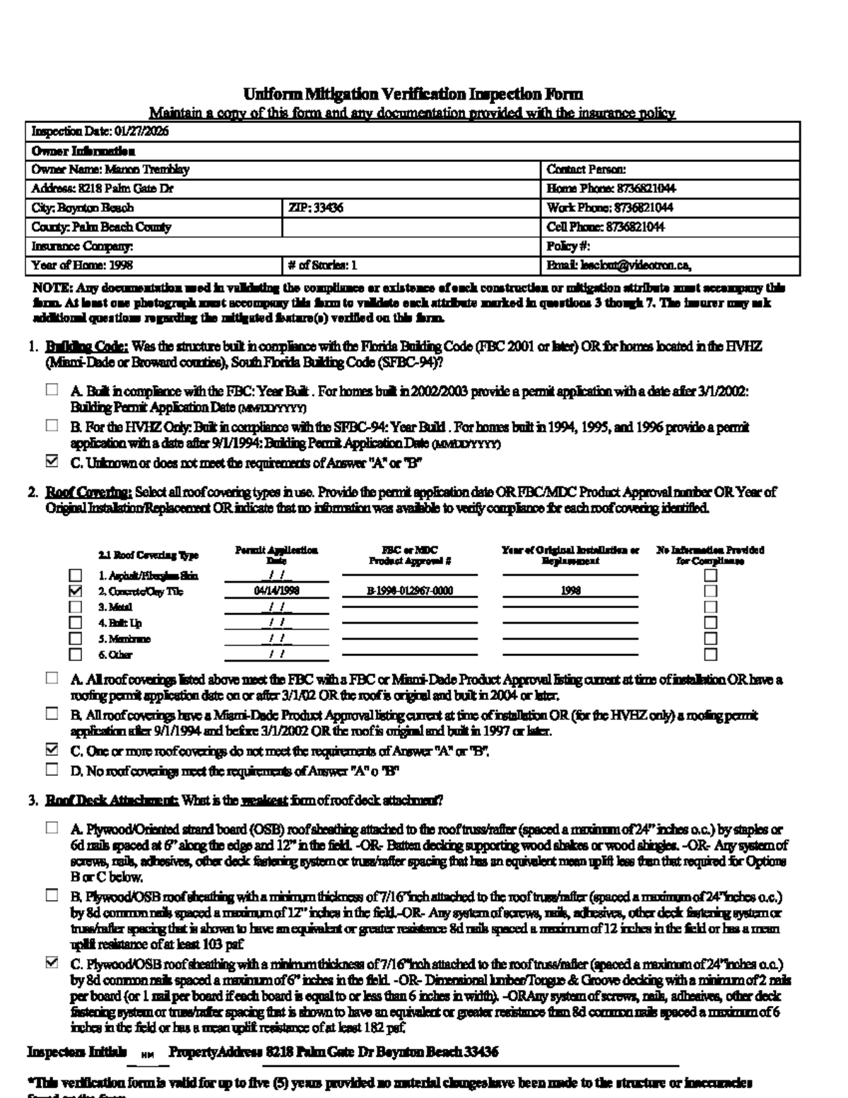 Uniform Mitigation Verification Inspection Form - 8218 Palm Gate Dr ...