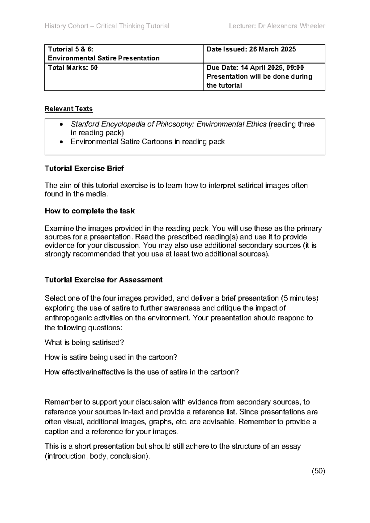 History Cohort Critical Thinking Tutorial 5 & 6: Environmental Satire ...