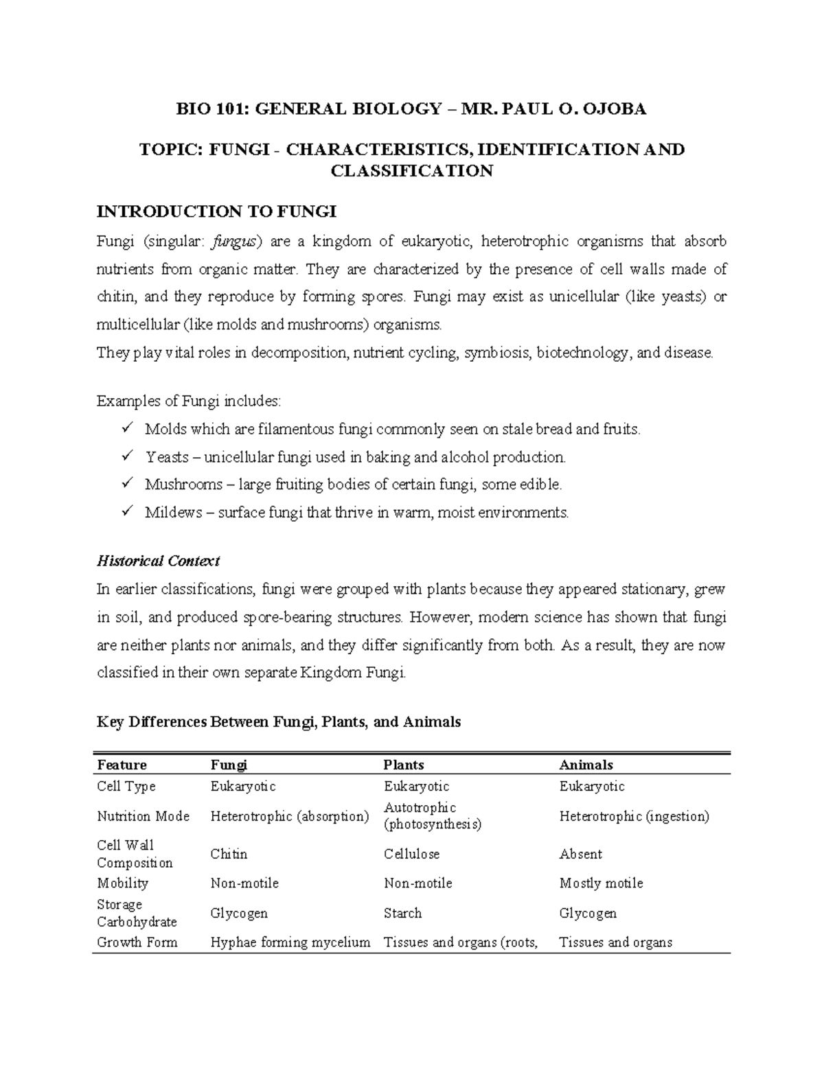 BIO 101: Final Exam Study Guide on Fungi - Characteristics ...