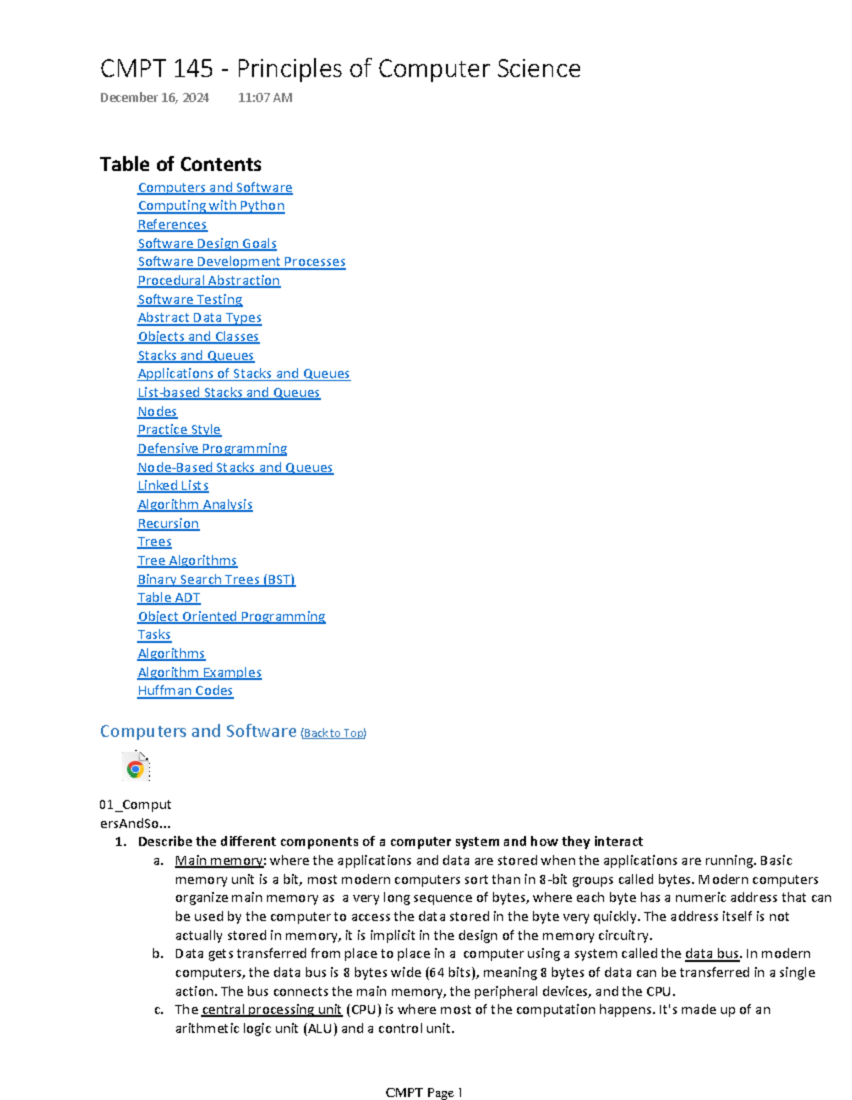 CMPT 145 - Principles of Computer Science - Table of Contents Computers ...
