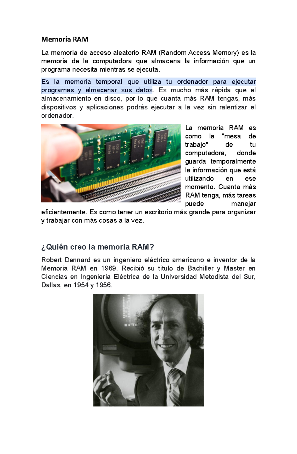Memoria RAM: Funciones y Tipos en Computadoras - Studocu