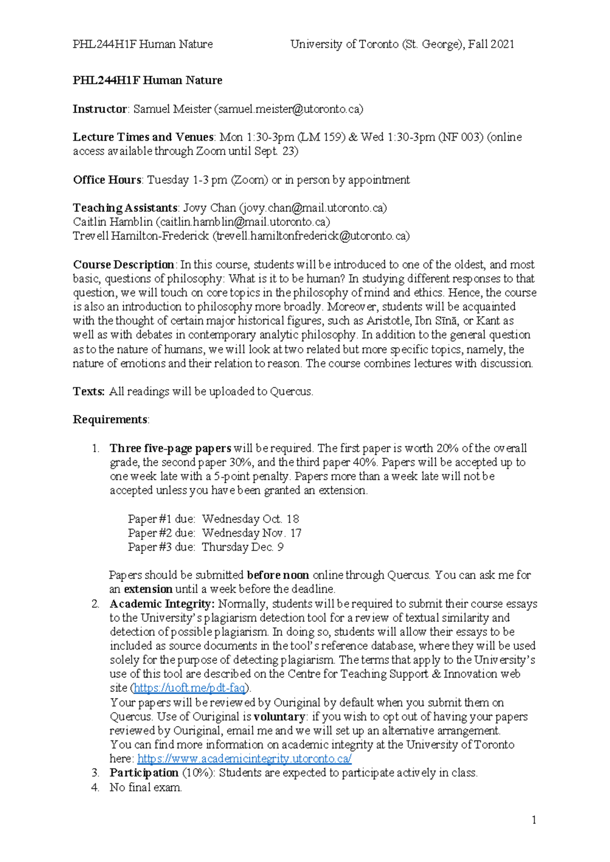 PHL244H1F Human Nature Syllabus - University of Toronto Fall 2021 - Studocu