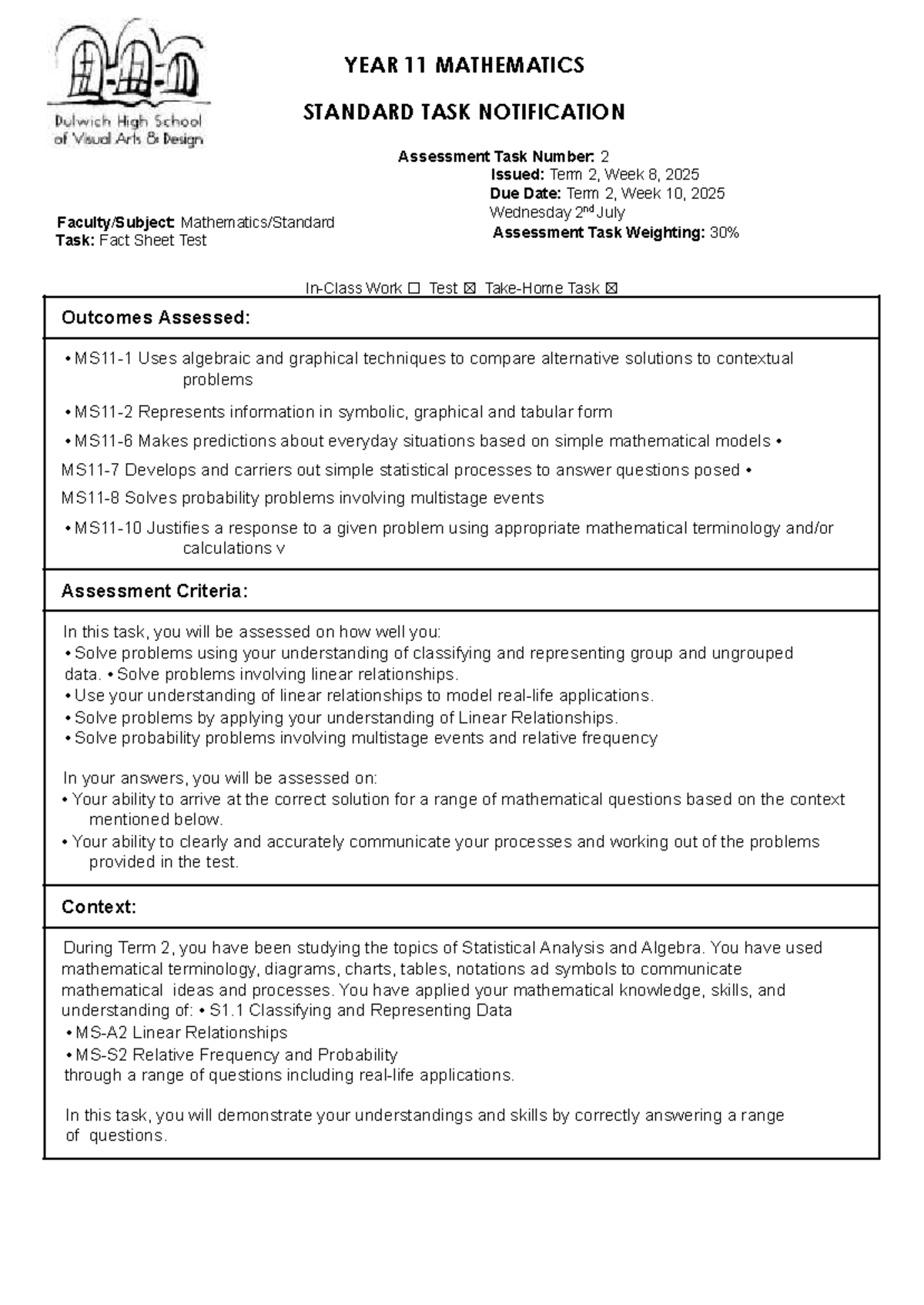 Year 11 Mathematics Standard Task Notification 2: Fact Sheet Test - Studocu
