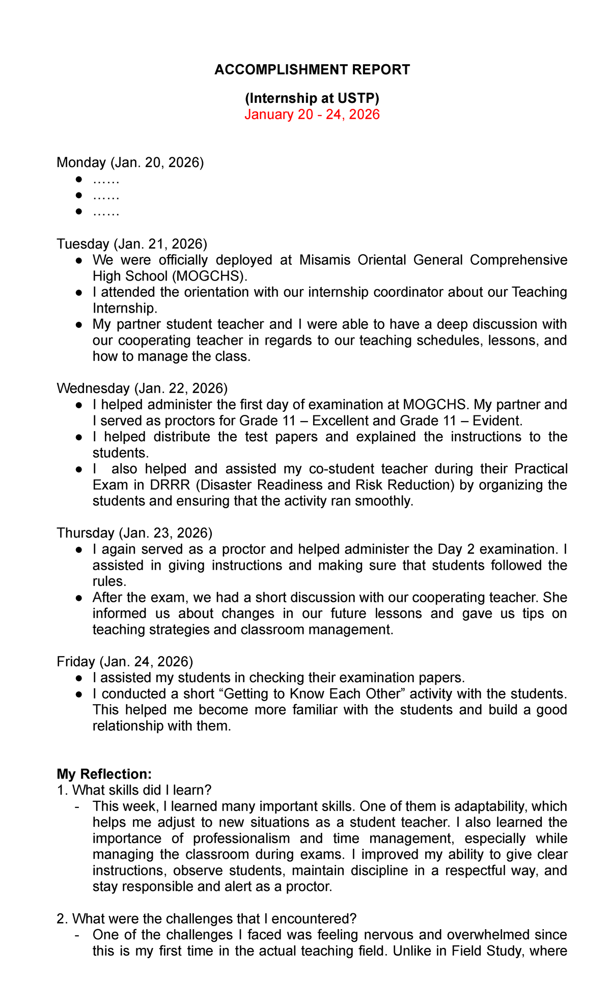 ACC 101: Internship Accomplishment Report - Week 1 at USTP - Studocu
