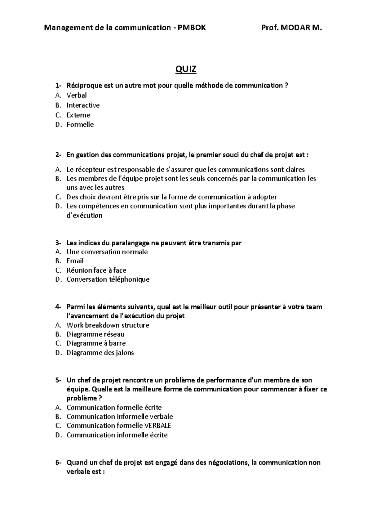Quiz sur les communications - Management de la communication PMBOK ...
