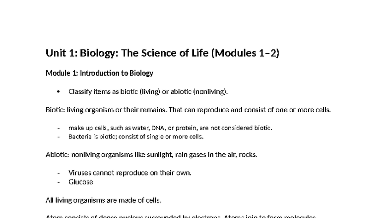 Biology 101 Study Guide: Exam Prep for Unit 1 (Modules 1-2) - Studocu