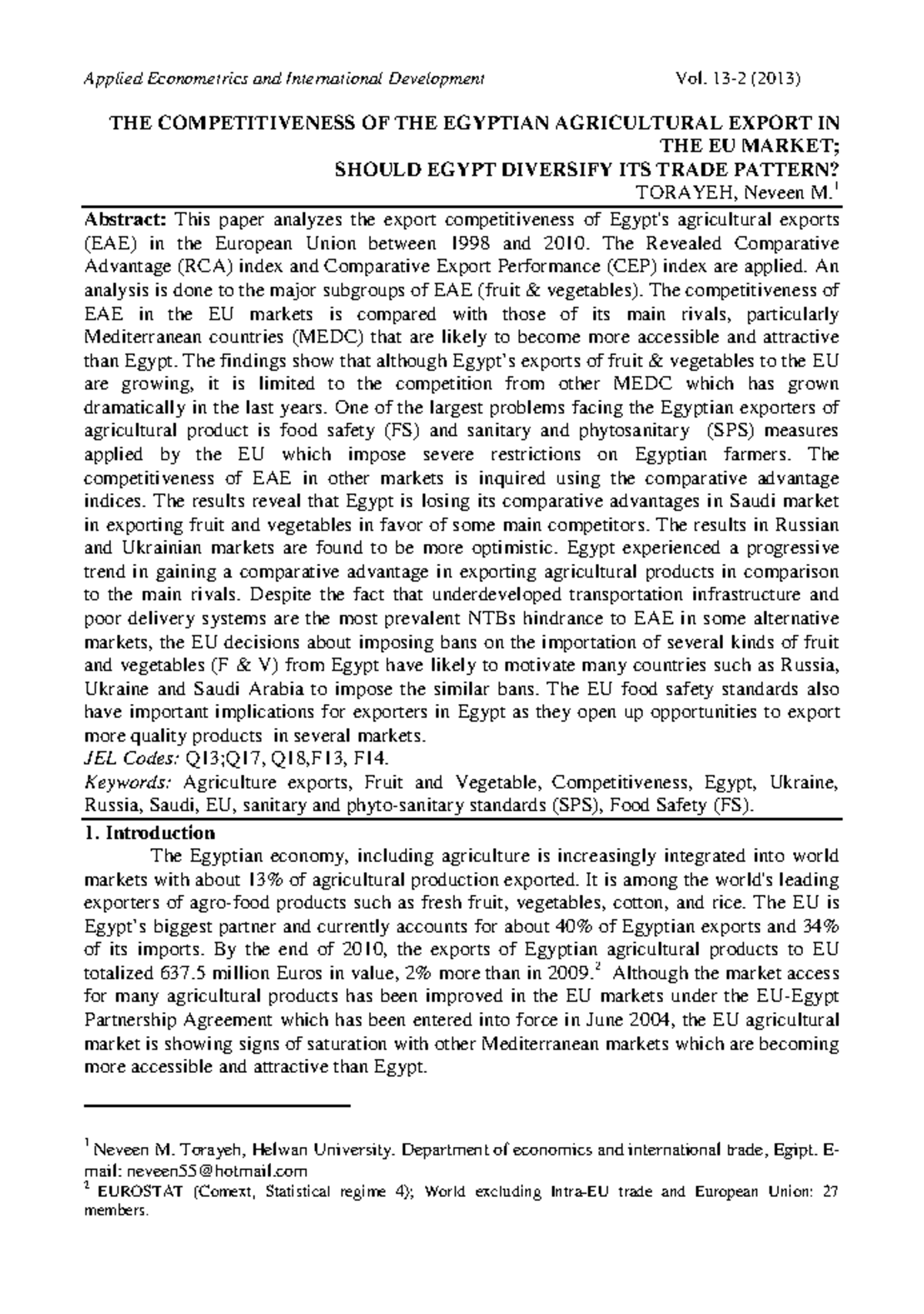The Competitiveness of Egyptian Agricultural Exports in the EU: A Study ...