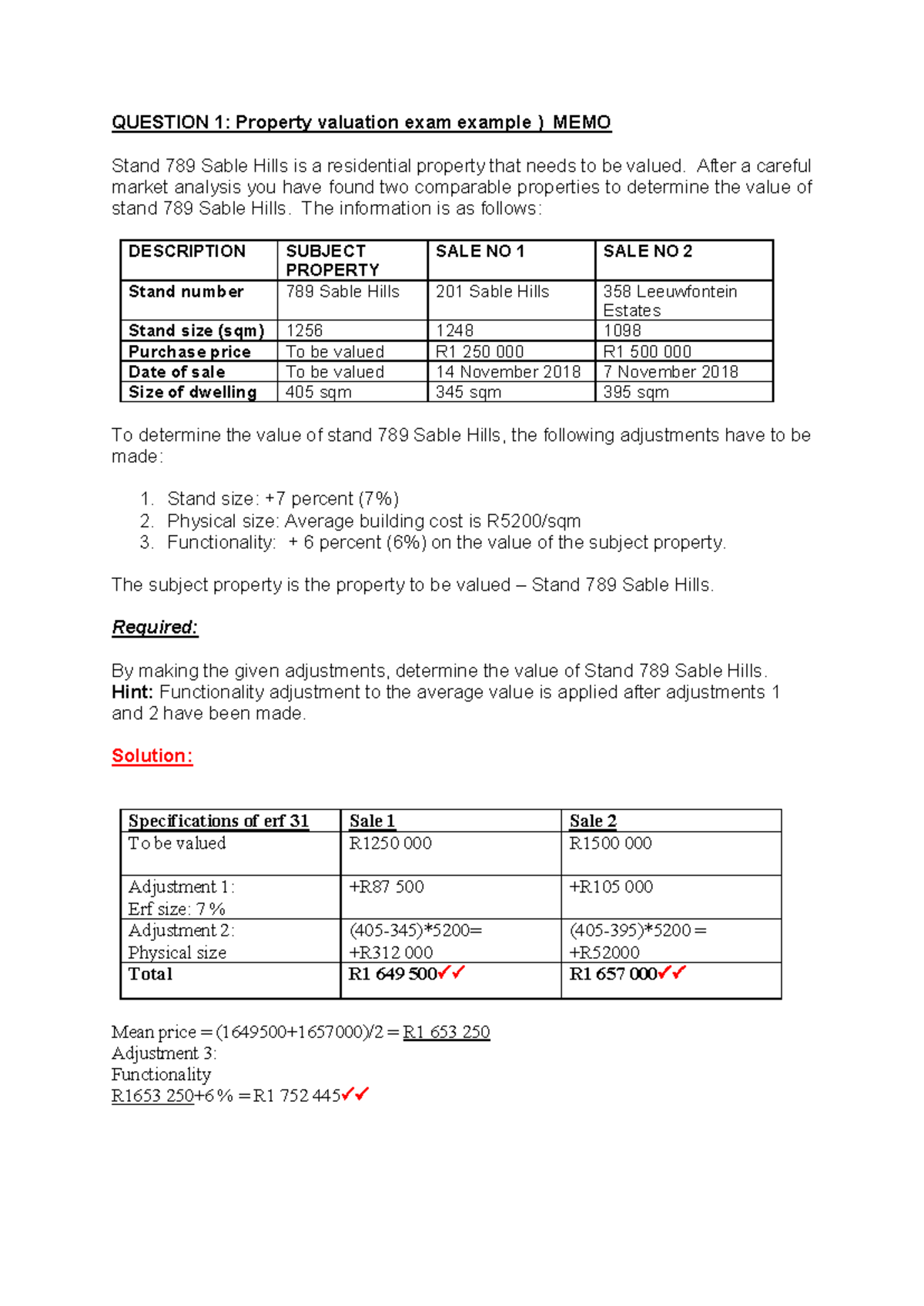 Property Valuation Exam Practice Questions Memo 1: Adjustments & NPV ...