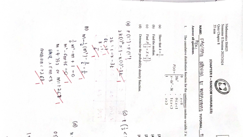 Quiz SM025: Chapter 8 - Random Variables Analysis - Studocu
