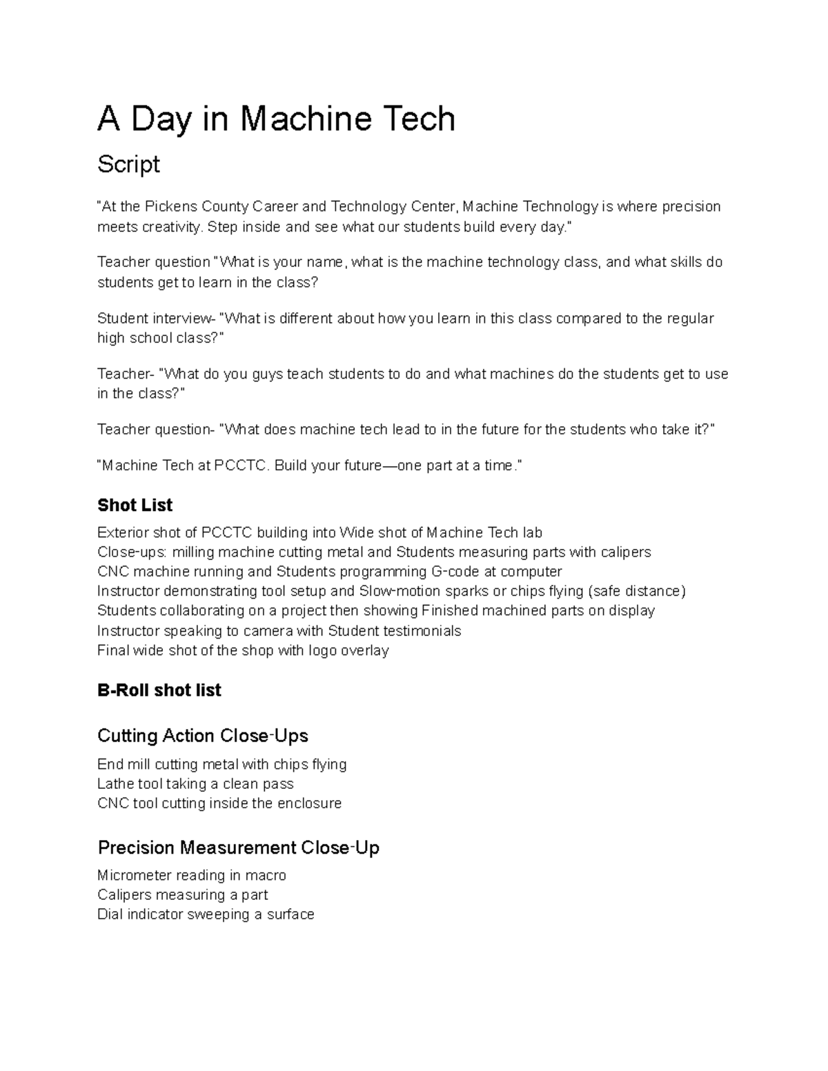Machine Tech Video Script: Insights from PCCTC Students - Studocu