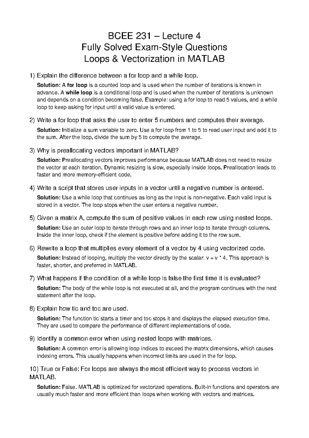 BCEE231 Lecture 4 Fully Solved Exam Questions - BCEE 231 – Lecture 4 ...