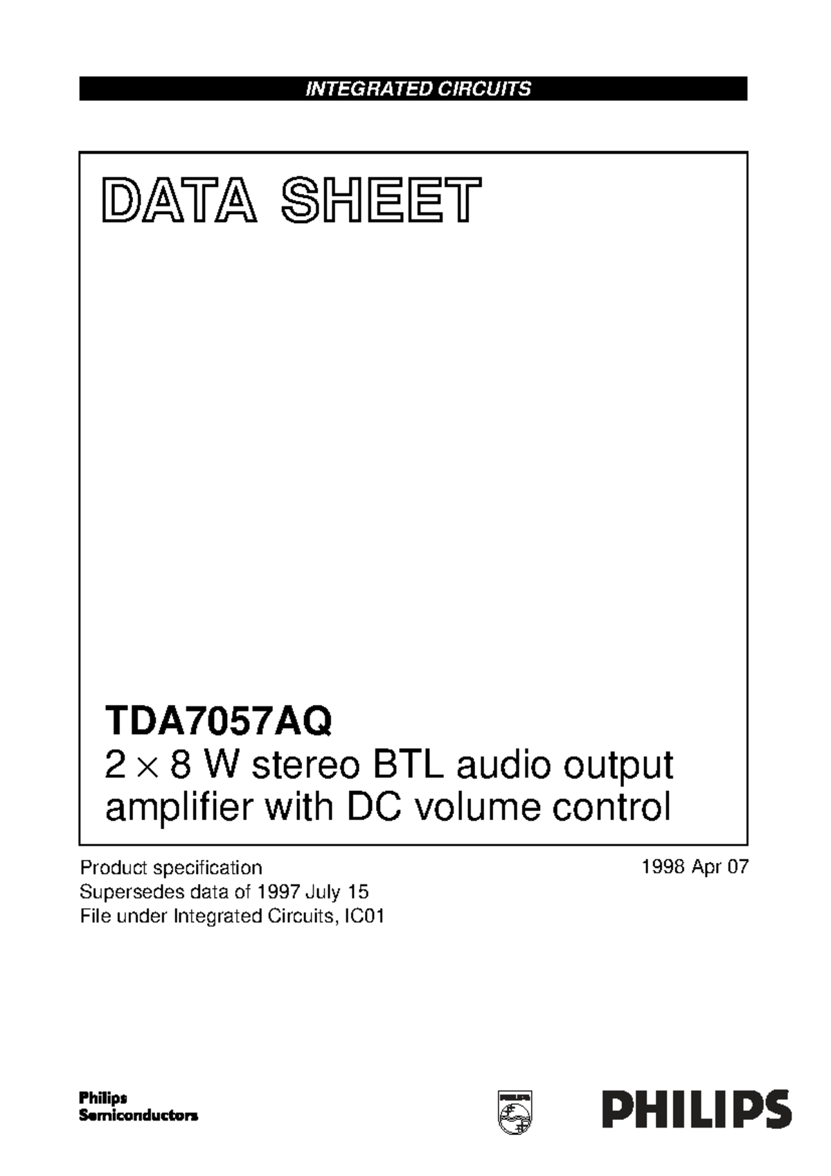 TDA7057AQ Product Specification: 2.8W Stereo BTL Amplifier - Studocu