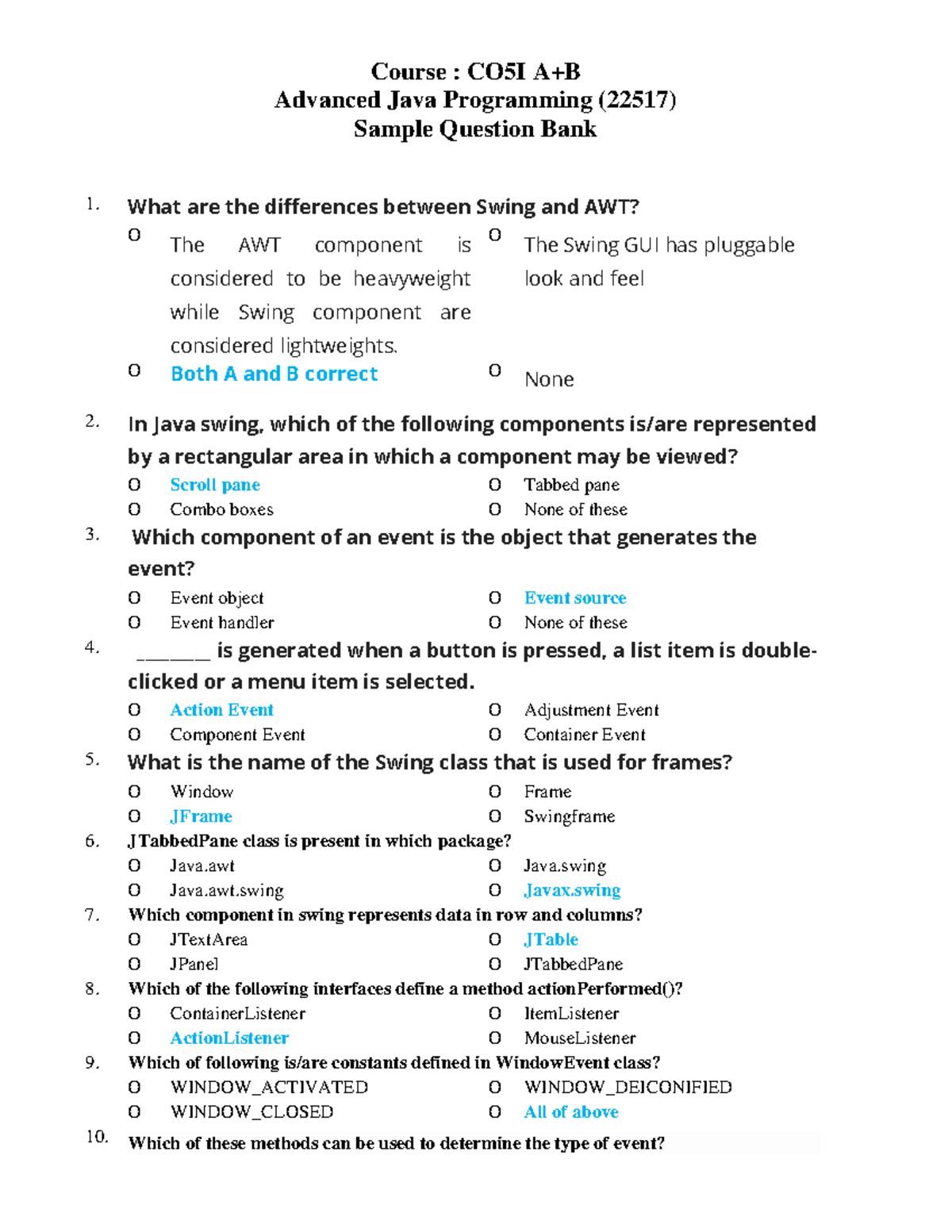 JAVA Questions-6 - question paper - Course : CO5I A+B Advanced Java ...