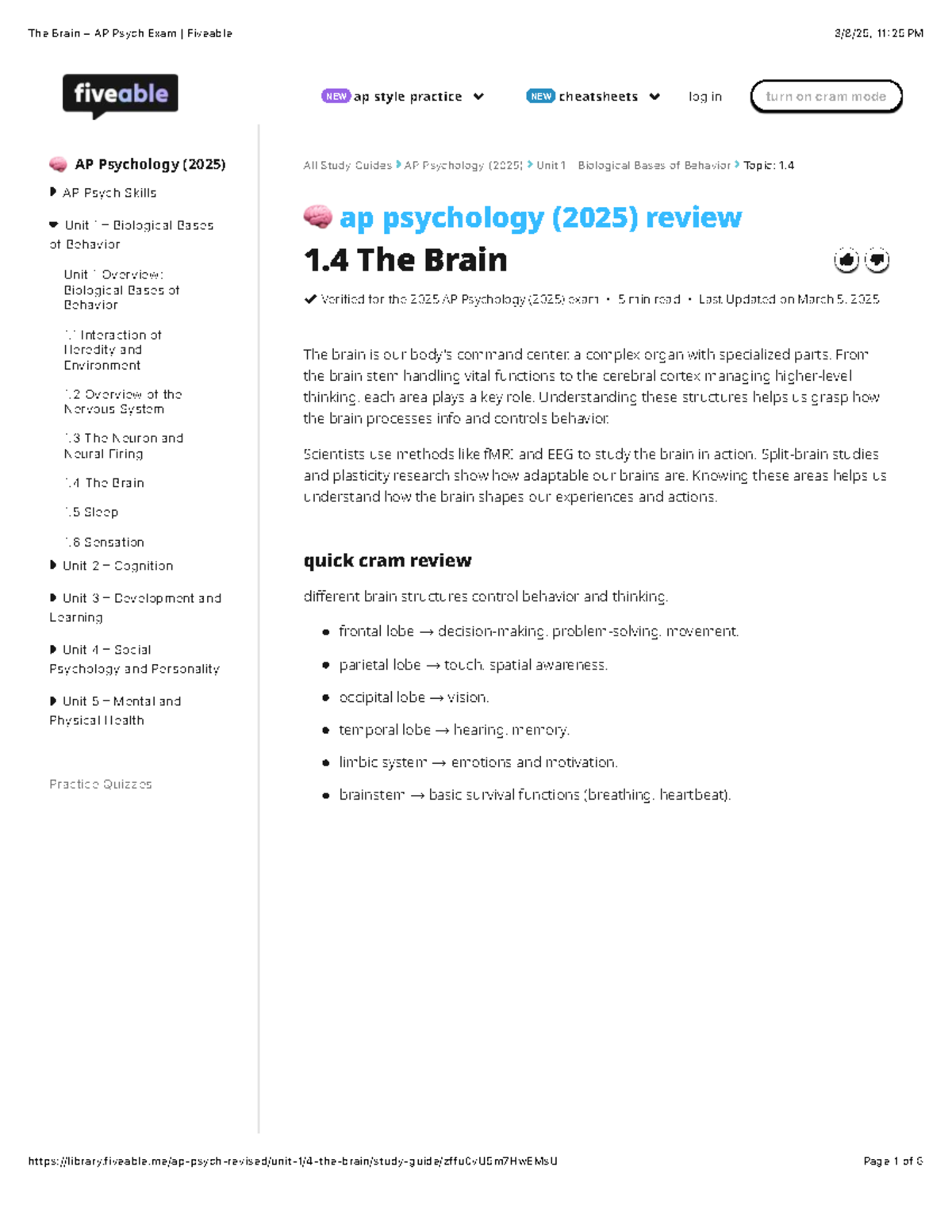 1.4 The Brain - AP Psychology (2025) Exam Study Guide - Studocu