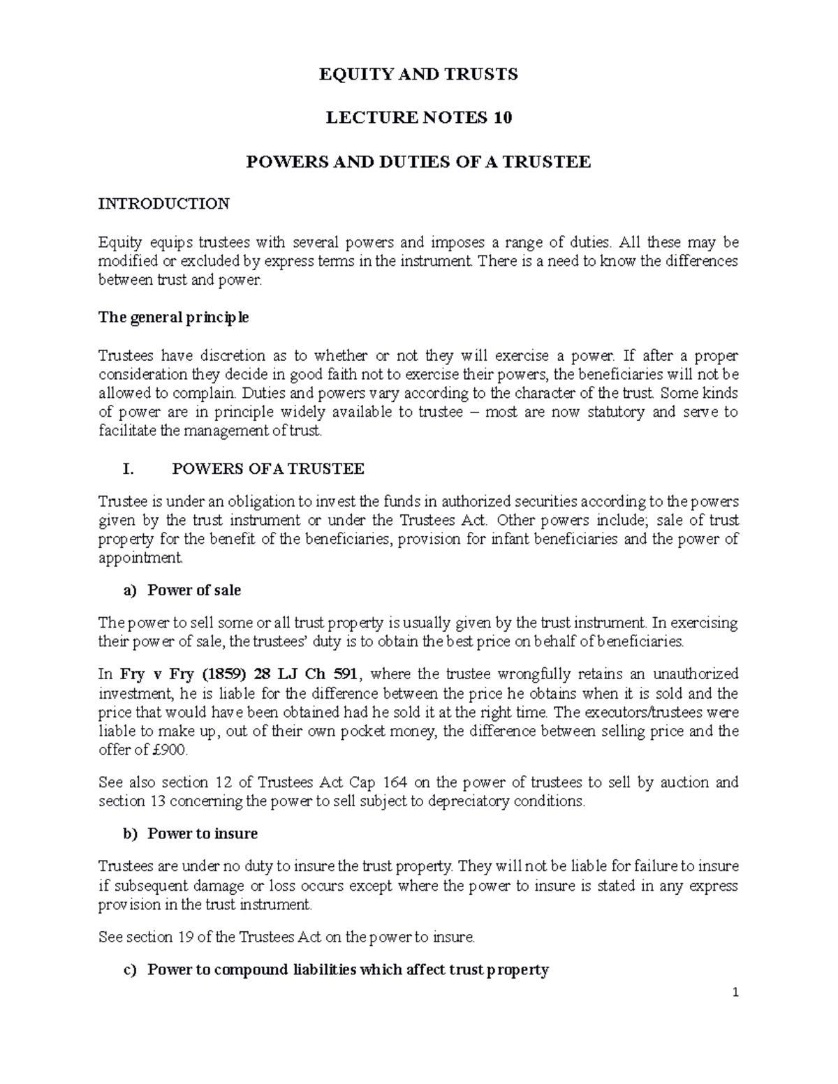 EC10 Lecture Notes: Powers & Duties of a Trustee in Equity - Studocu
