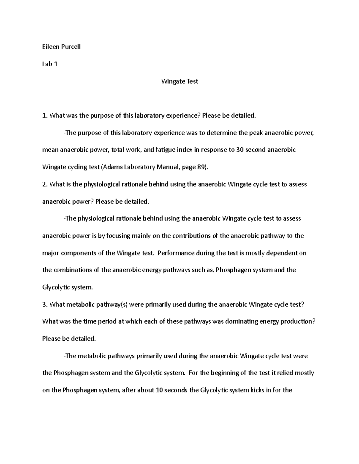 Anaerobic Wingate Test Lab Report: Peak Power & Fatigue Analysis - Studocu