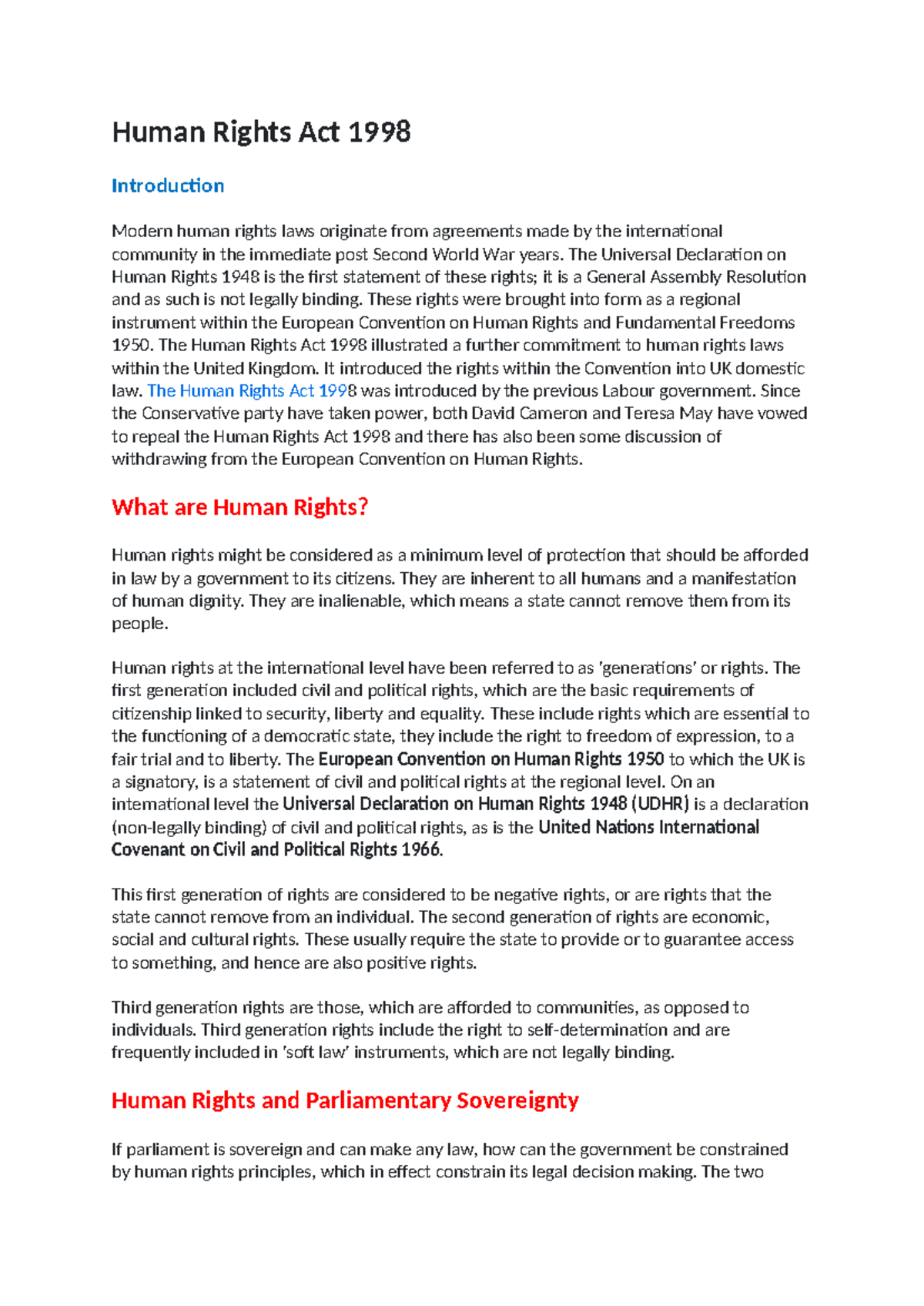 Human Rights Act 1998 - Comprehensive Law Teacher Notes - Studocu