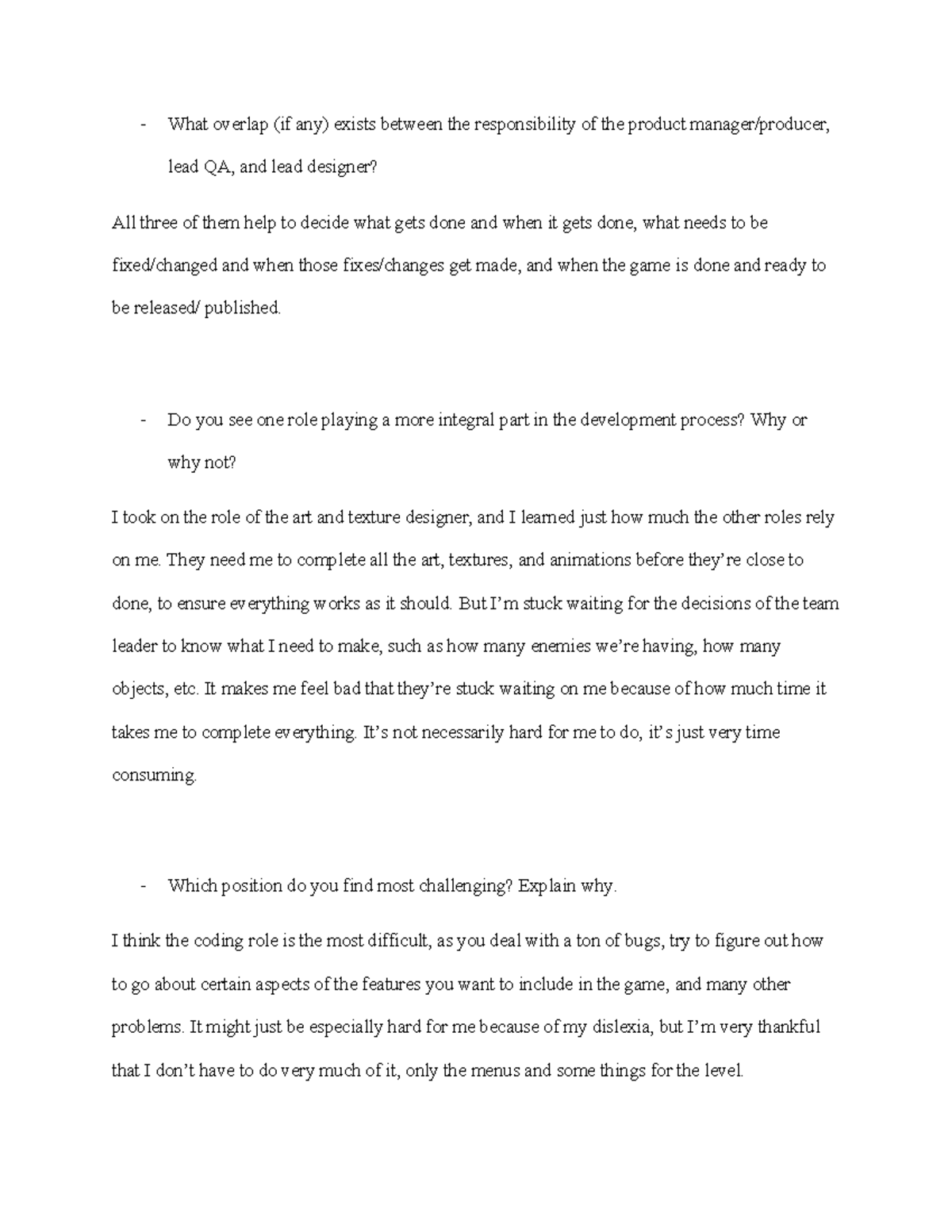 4-3 Individual Reflection on QA Role in Game Dev Process - Studocu