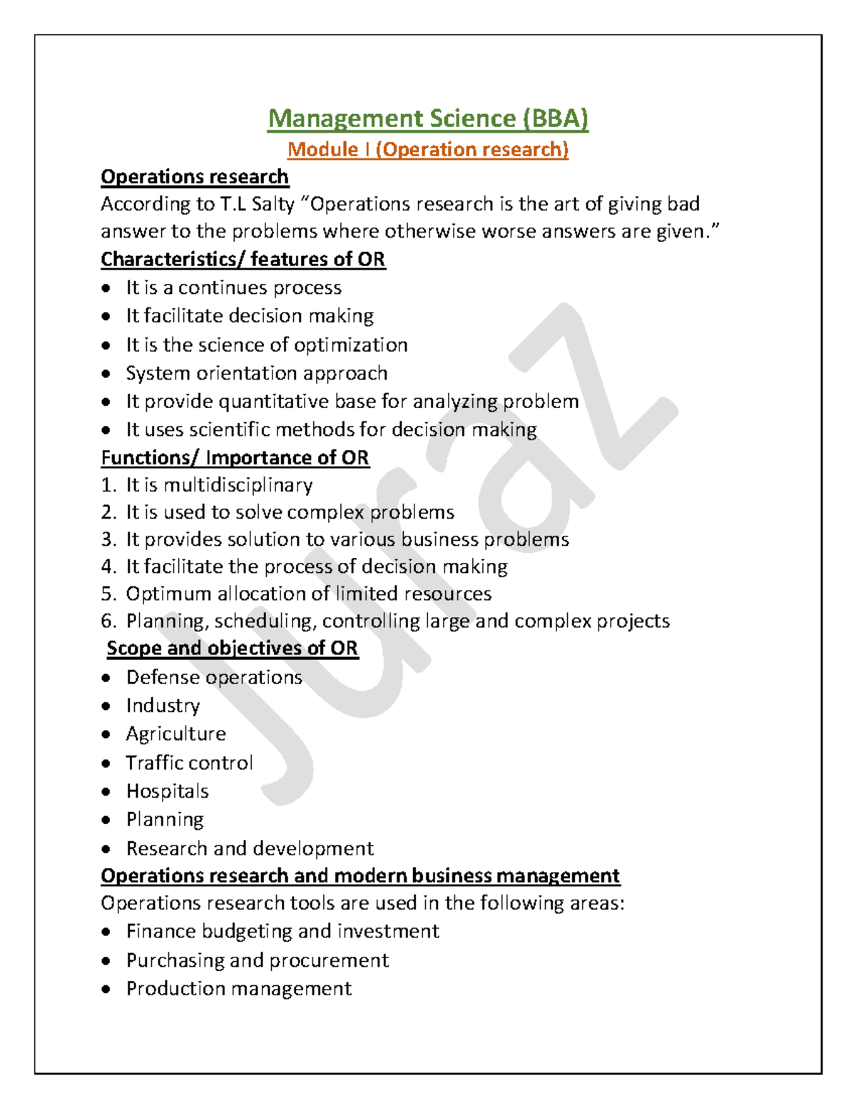 Management Science (BBA) Module I & II: Operations Research Notes - Studocu