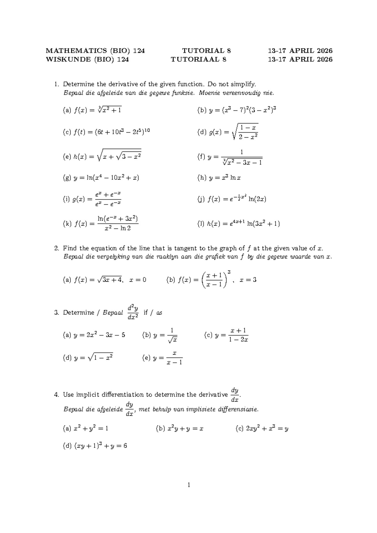 MATHEMATICS (BIO) 124 TUTORIAL 8: Derivatives & Tangent Lines - Studocu